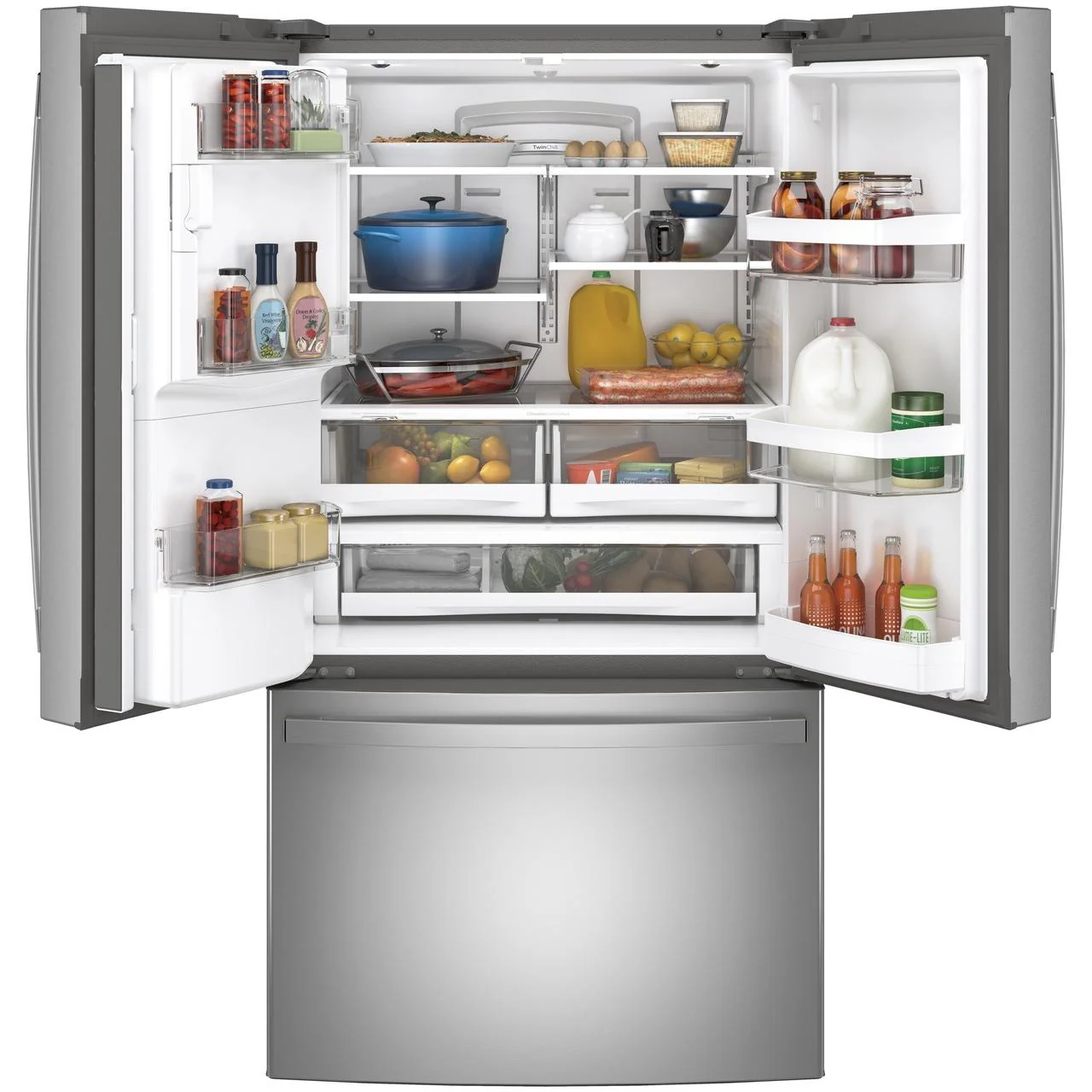 GE 36-inch, 27.8 cu.ft. Freestanding French 3-Door Refrigerator with Ice and Water Dispensing System GFE28GYNFS - Image 3