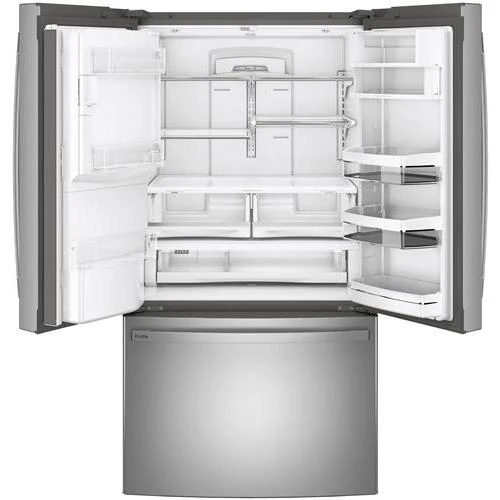 GE Profile 36-inch, 27.7 cu.ft. Freestanding French 3-Door Refrigerator with External Water and Ice Dispensing System PFE28KYNFS - Image 3