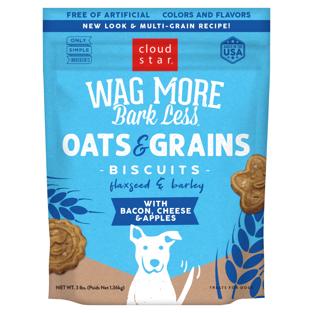 Cloud Star Wag More Bark Less Crunchy Dog Treats, Oats & Grains Bacon, Cheese & Apples, 3 lbs. Bag - Image 1