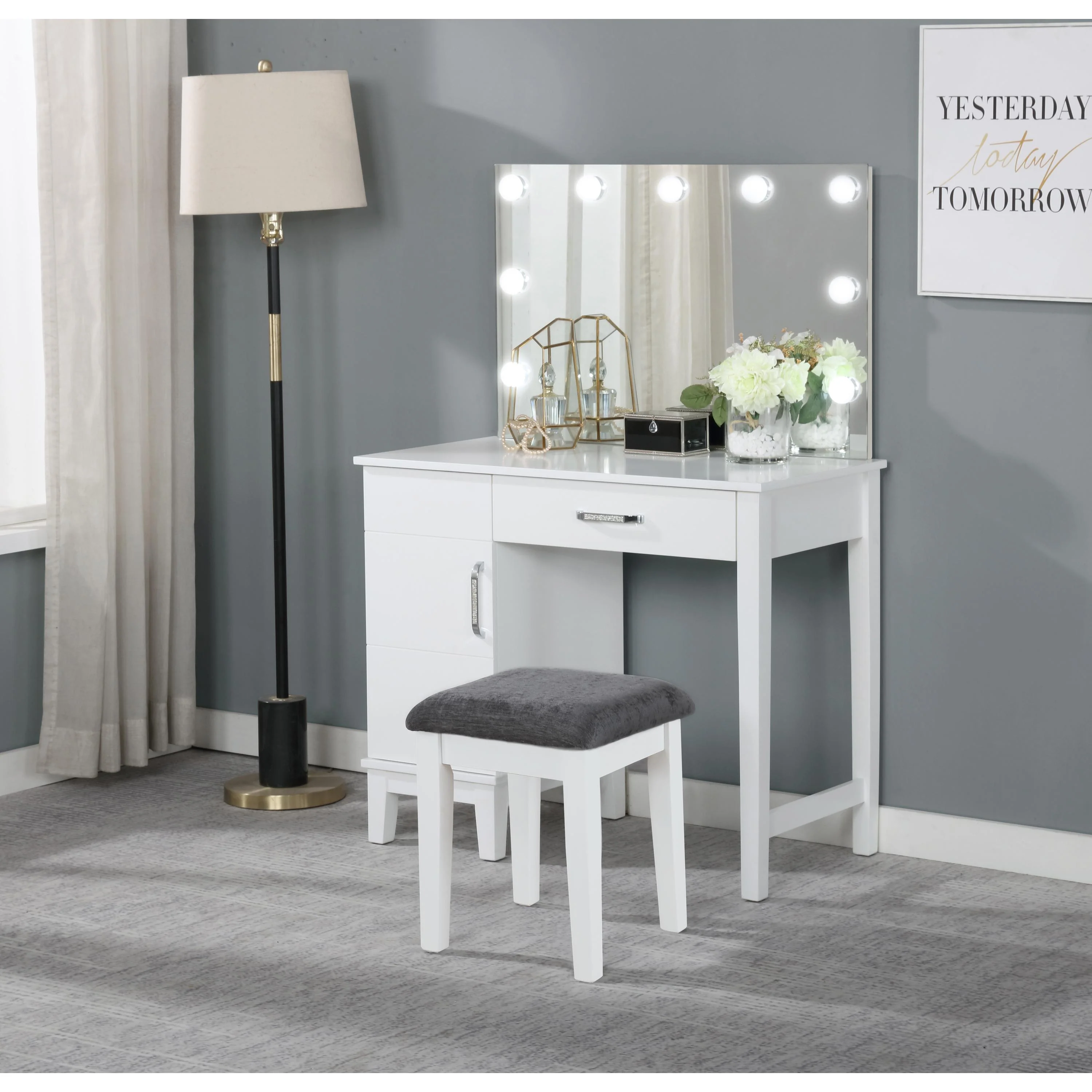 Coaster Furniture Elijah 931149 Vanity Set with Lighting & Stool – White and Dark Grey