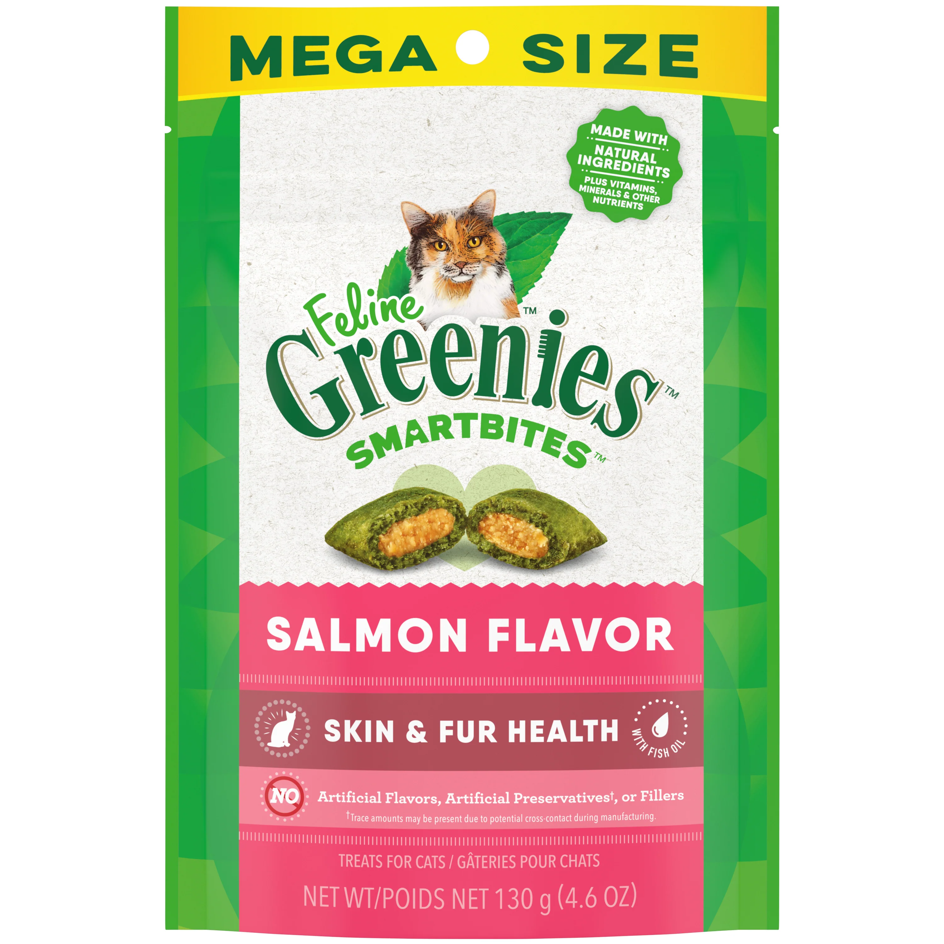 Feline Grteenies Smartbites Skin & Fur Health Crunchy and Soft Natural Cat Treats, Salmon Flavor, 4.6 oz - Image 1