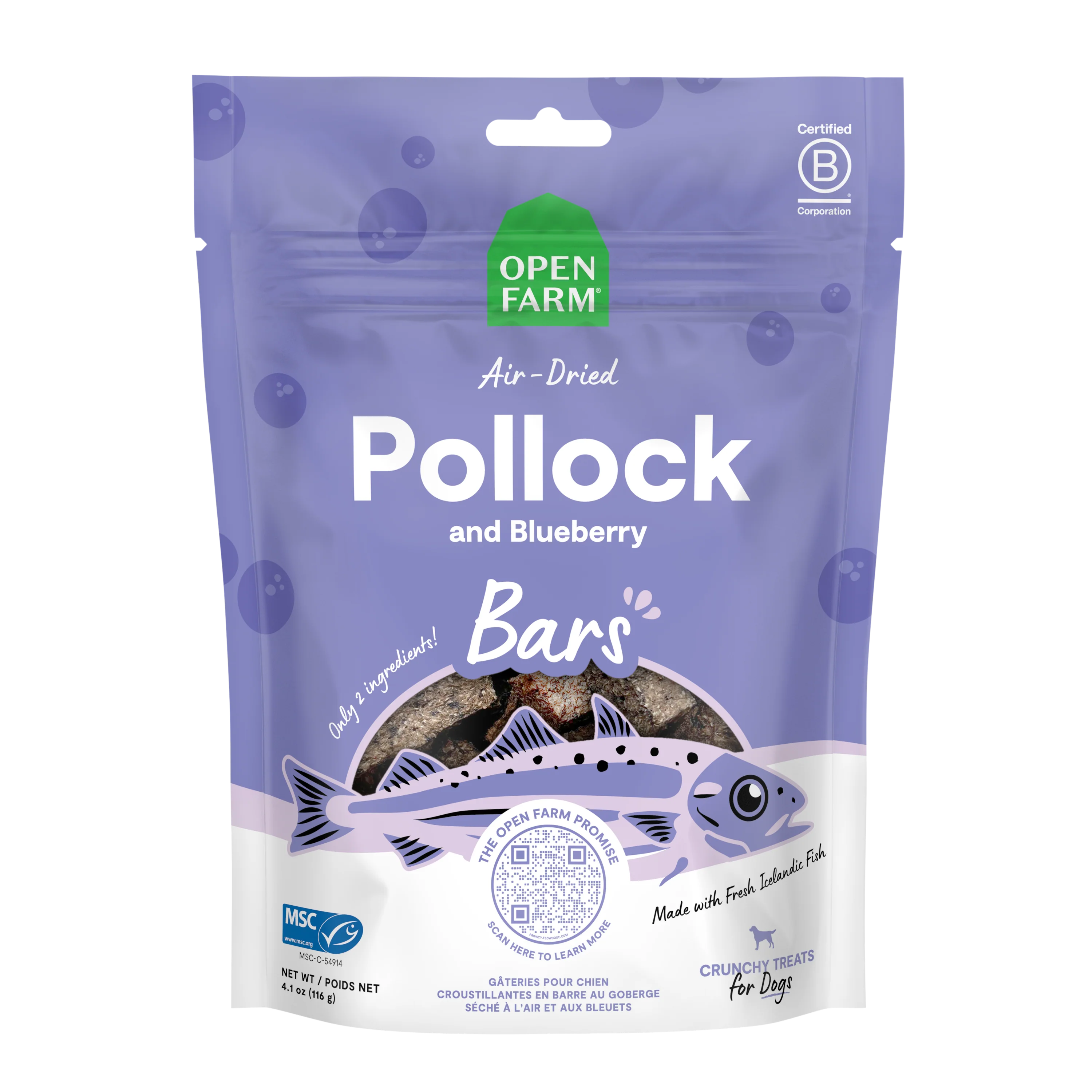 Open Farm Air Dried Pollock And Blueberry Dog Crunchy Treat Bars 4.1oz Bag