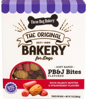 Three Dog Bakery PB&J Bites Soft Baked Cookies, Dog Treats, Peanut Butter/strawberry, 13oz - Image 1
