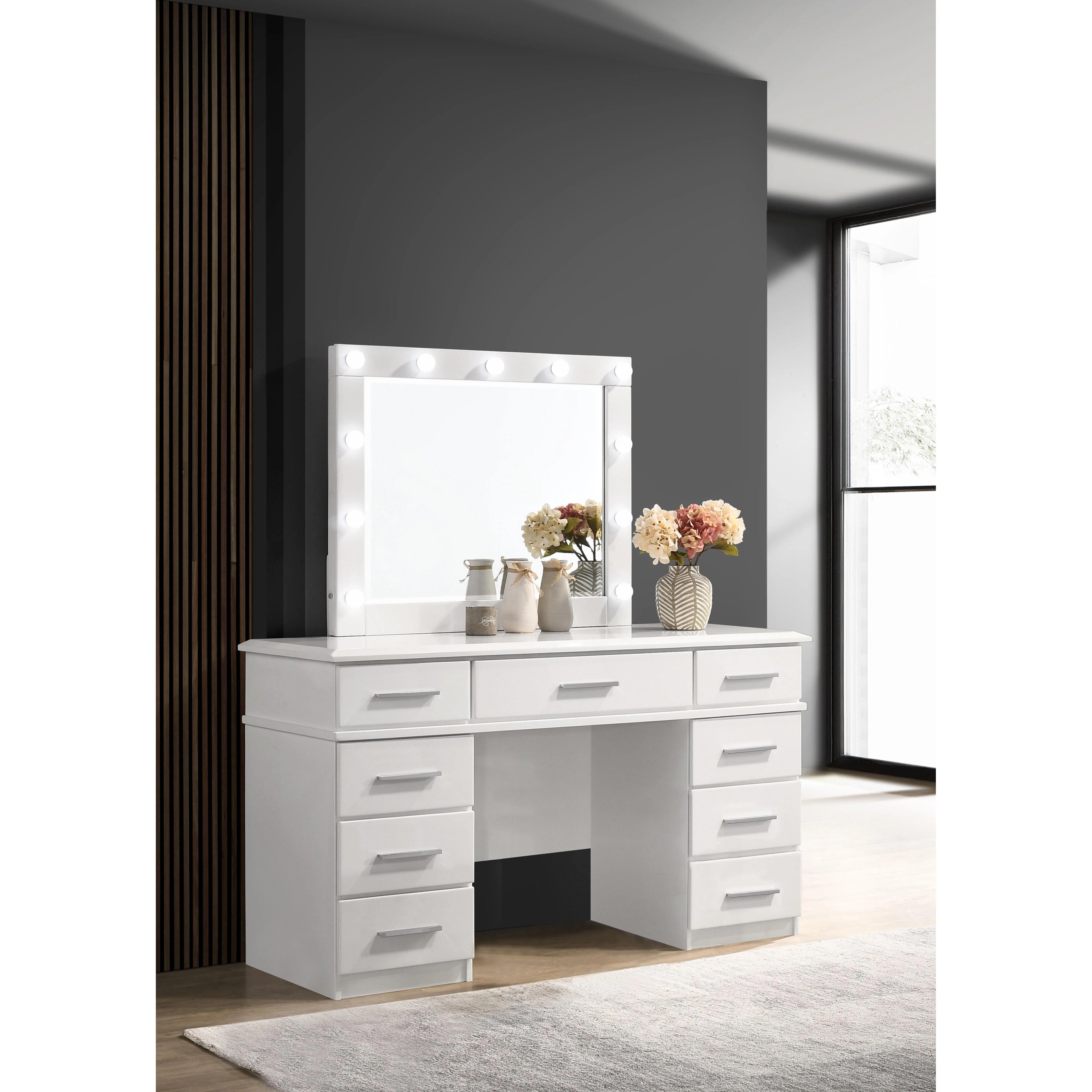 Coaster Furniture Felicity 203507 9-Drawer Vanity Table Lighted Mirror - Glossy White - Image 2