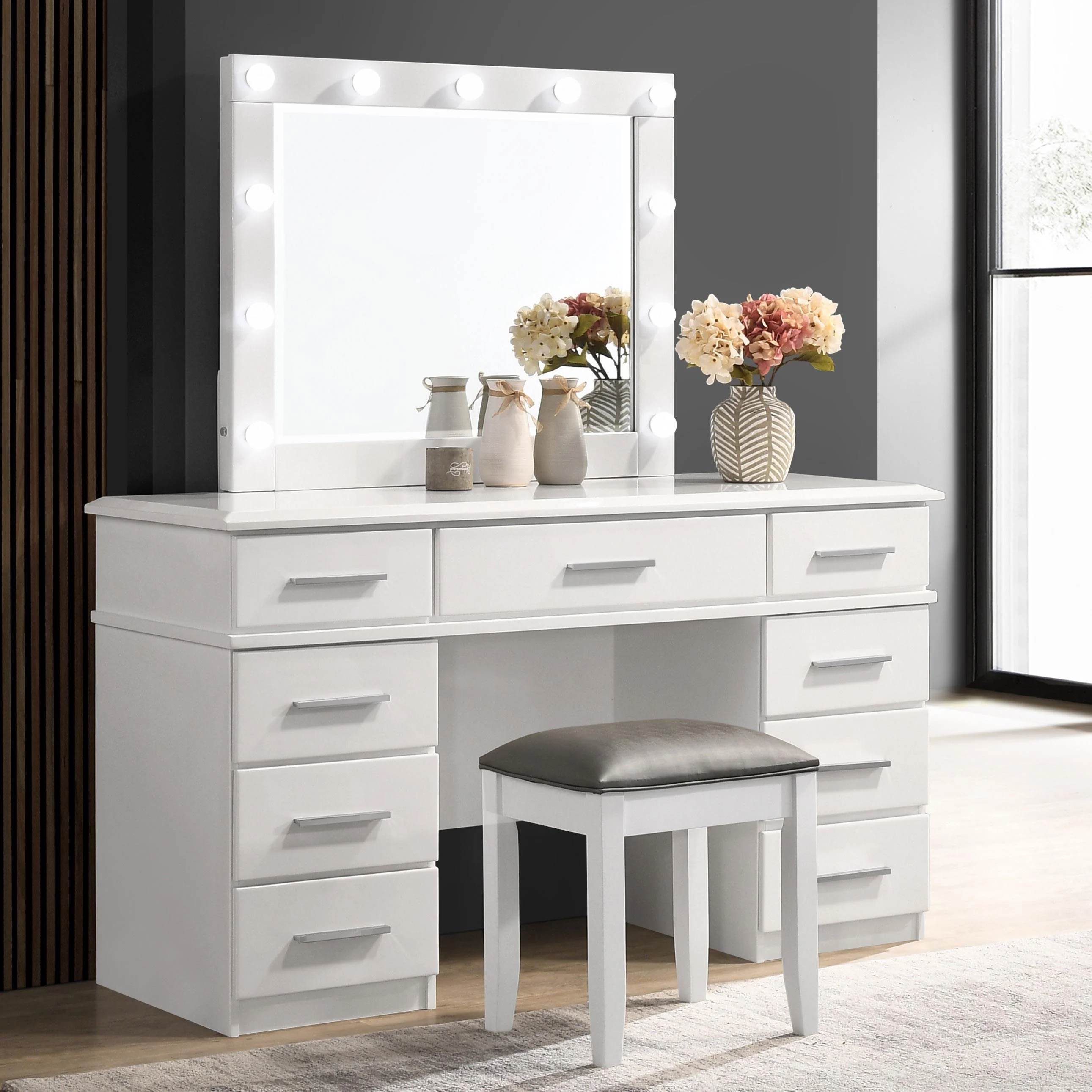Coaster Furniture Felicity 203507 9-Drawer Vanity Table Lighted Mirror - Glossy White - Image 3