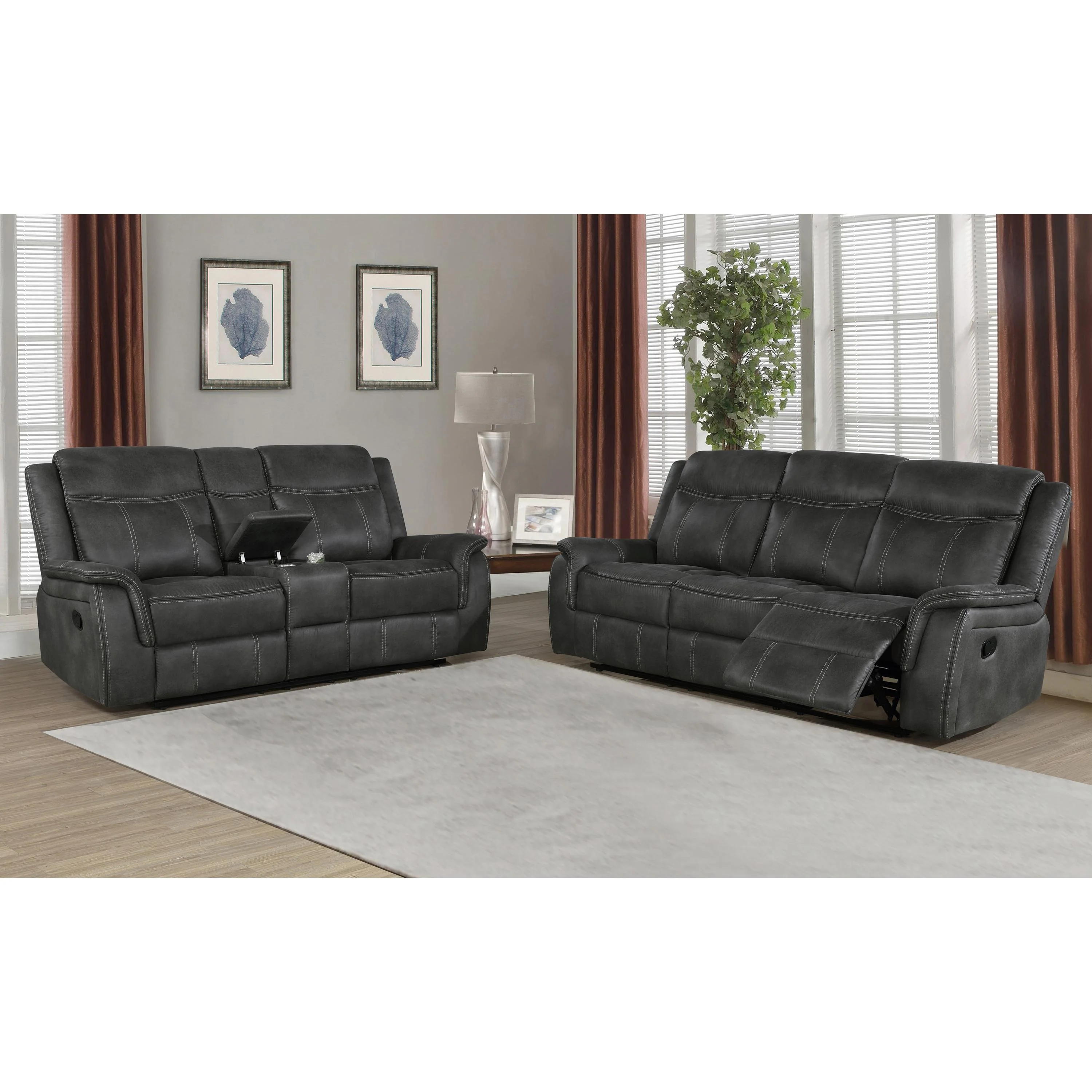 Coaster Furniture Lawrence 603505 Upholstered Padded Arm Reclining Loveseat - Charcoal - Image 2
