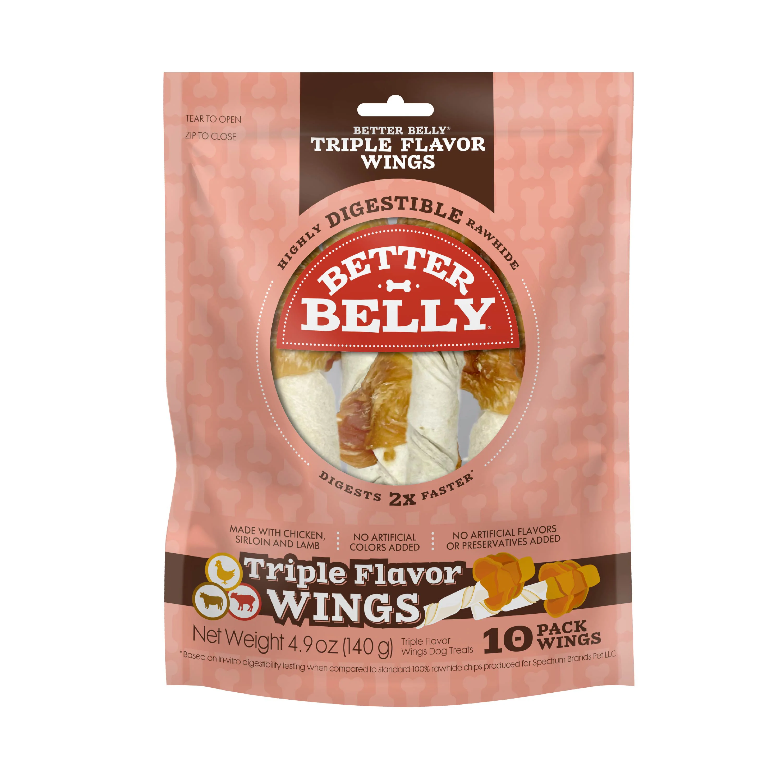 Better Belly Triple Flavor Wings Rawhide Dog Treat With Chicken Sirloin & Lamb 10pk - Image 1