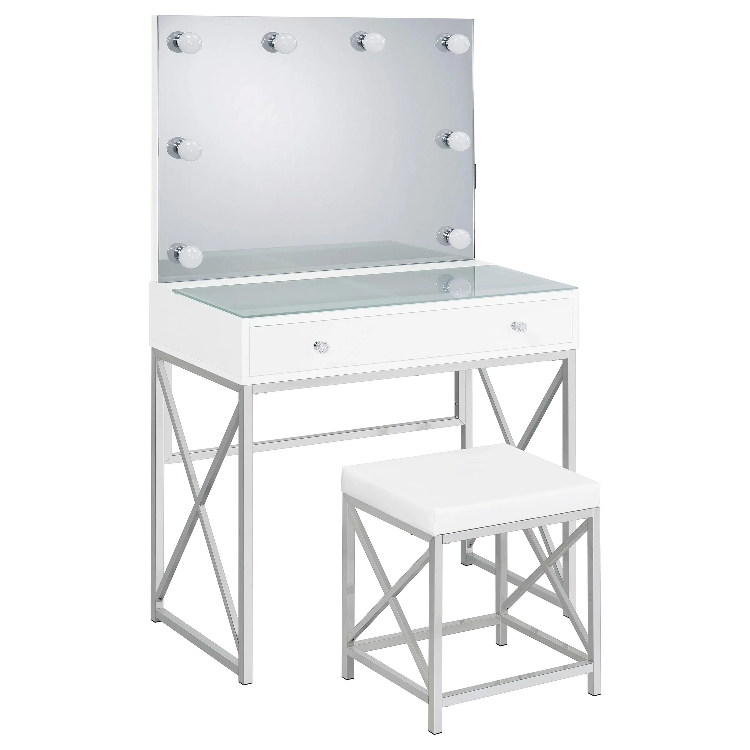 Coaster Furniture Eliza 936164 Vanity Set with Lighting & Stool – White and Chrome