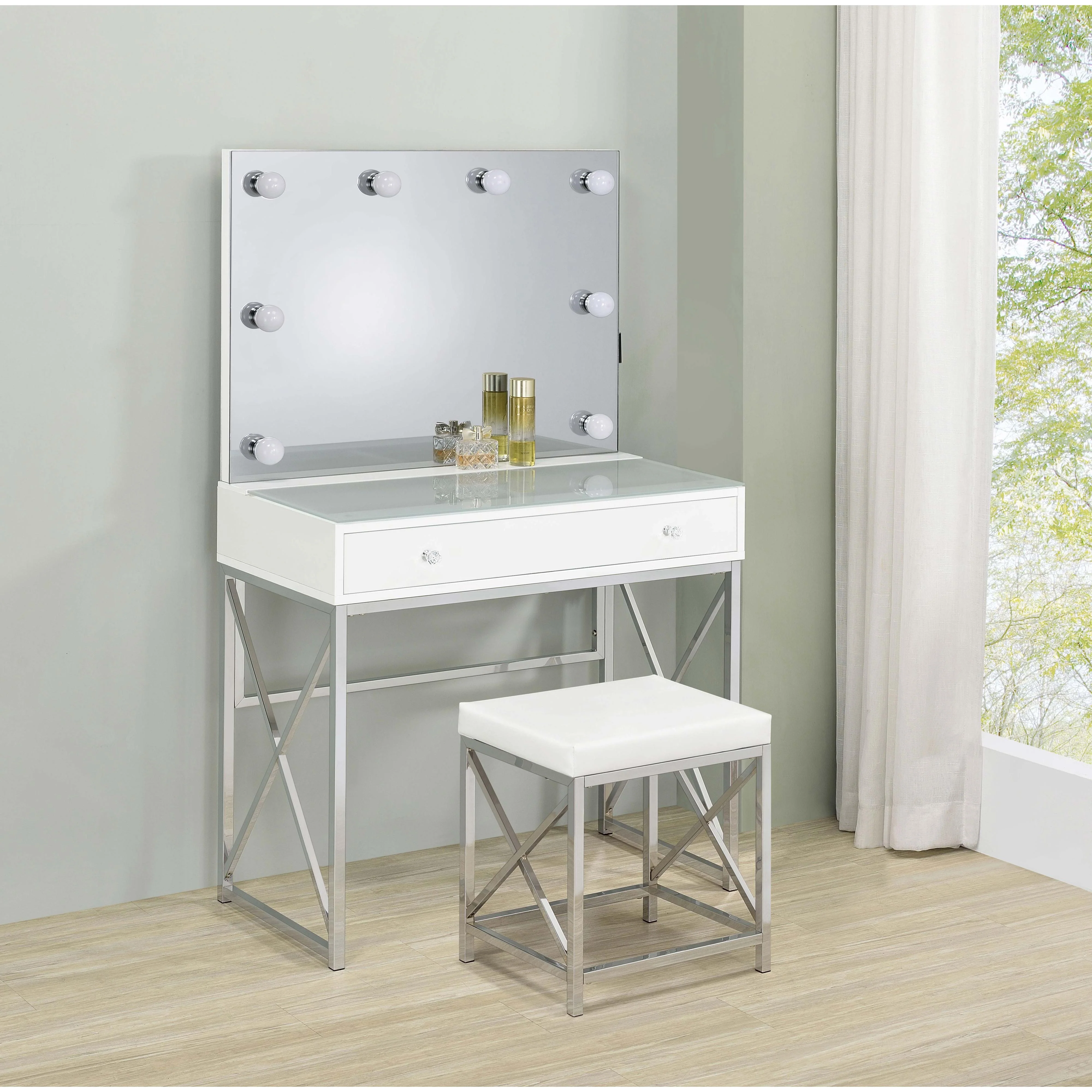 Coaster Furniture Eliza 936164 Vanity Set with Lighting & Stool - White and Chrome - Image 2