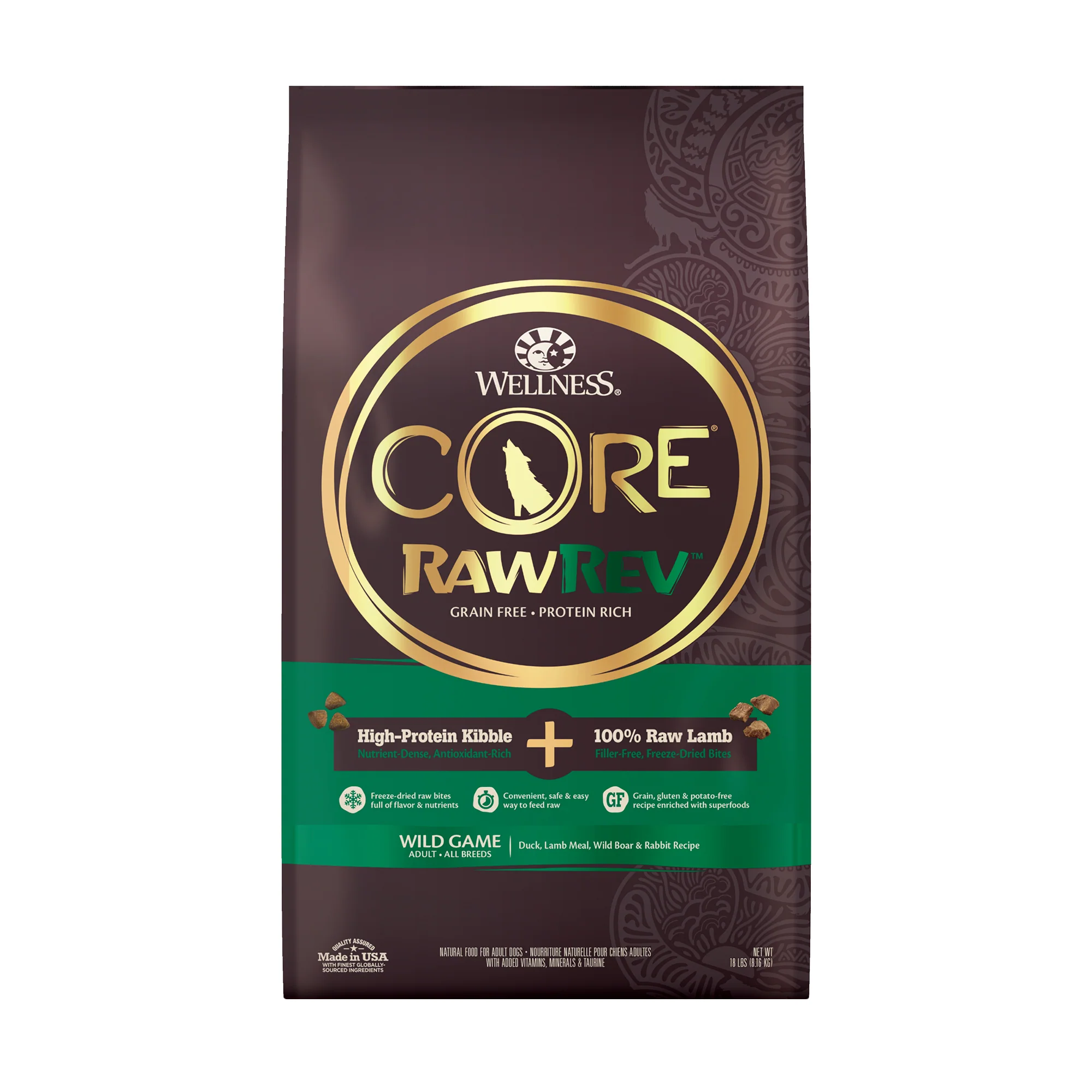 Wellness CORE RawRev Natural Grain Free Dry Dog Food Wild Game Duck Wild Boar & Rabbit with Freeze Dried Lamb 18lb Bag - Image 1