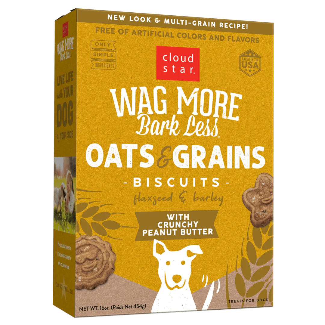 Cloud Star Wag More Bark Less Oats & Grains Crunchy Dog Treats, Peanut Butter, 16 oz. Box - Image 1