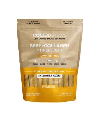 CollaChews Peanut Butter Collagen Sticks Dog Treats, 5 Inches, 25 Pack - Image 1