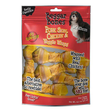 Savory Prime Beggar Bones Pork Skin, Chicken & Veggie Wraps Dog Treats 13.1 oz, 6 pk - Image 1