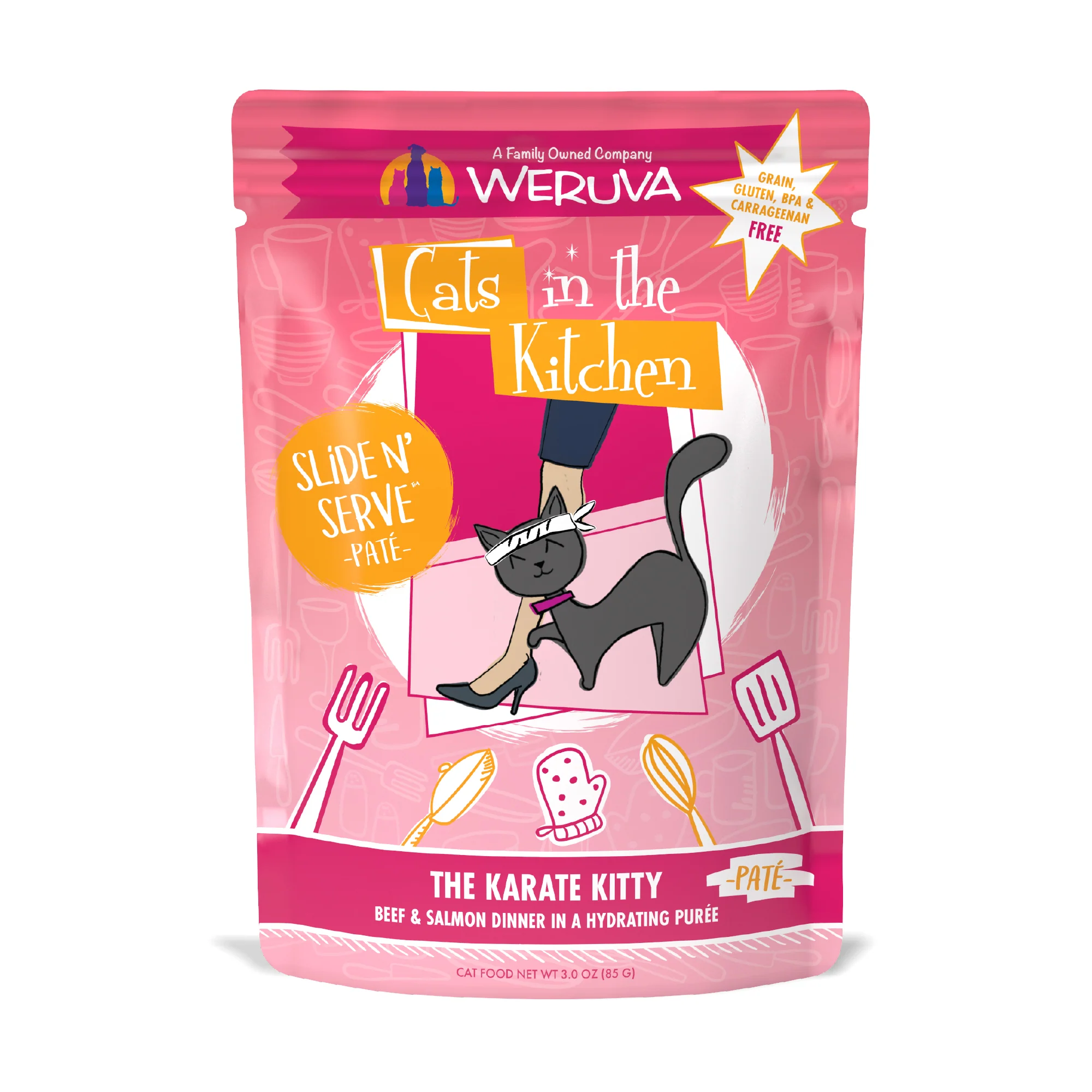 Weruva Cats in the Kitchen Slide N Serve Pouch Pate Cat food 3oz  The Karate Kitty Beef & Salmon - Image 1