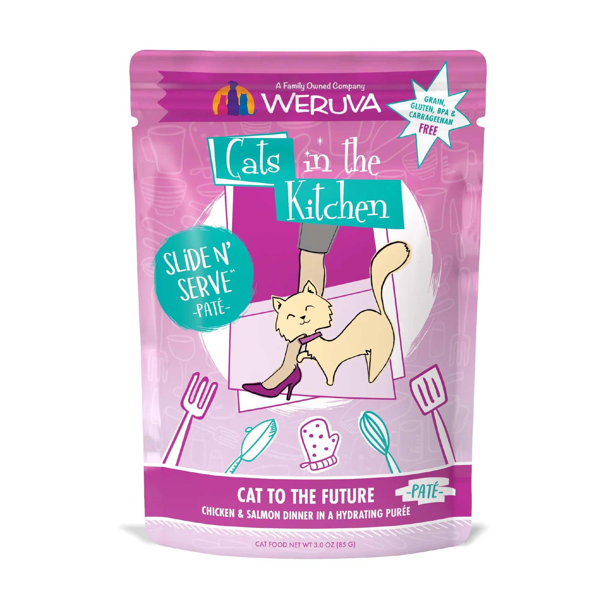 Weruva Cats in the Kitchen Slide N Serve Pouch Pate Cat food 3oz  Cat to the Future Chicken & Salmon - Image 1