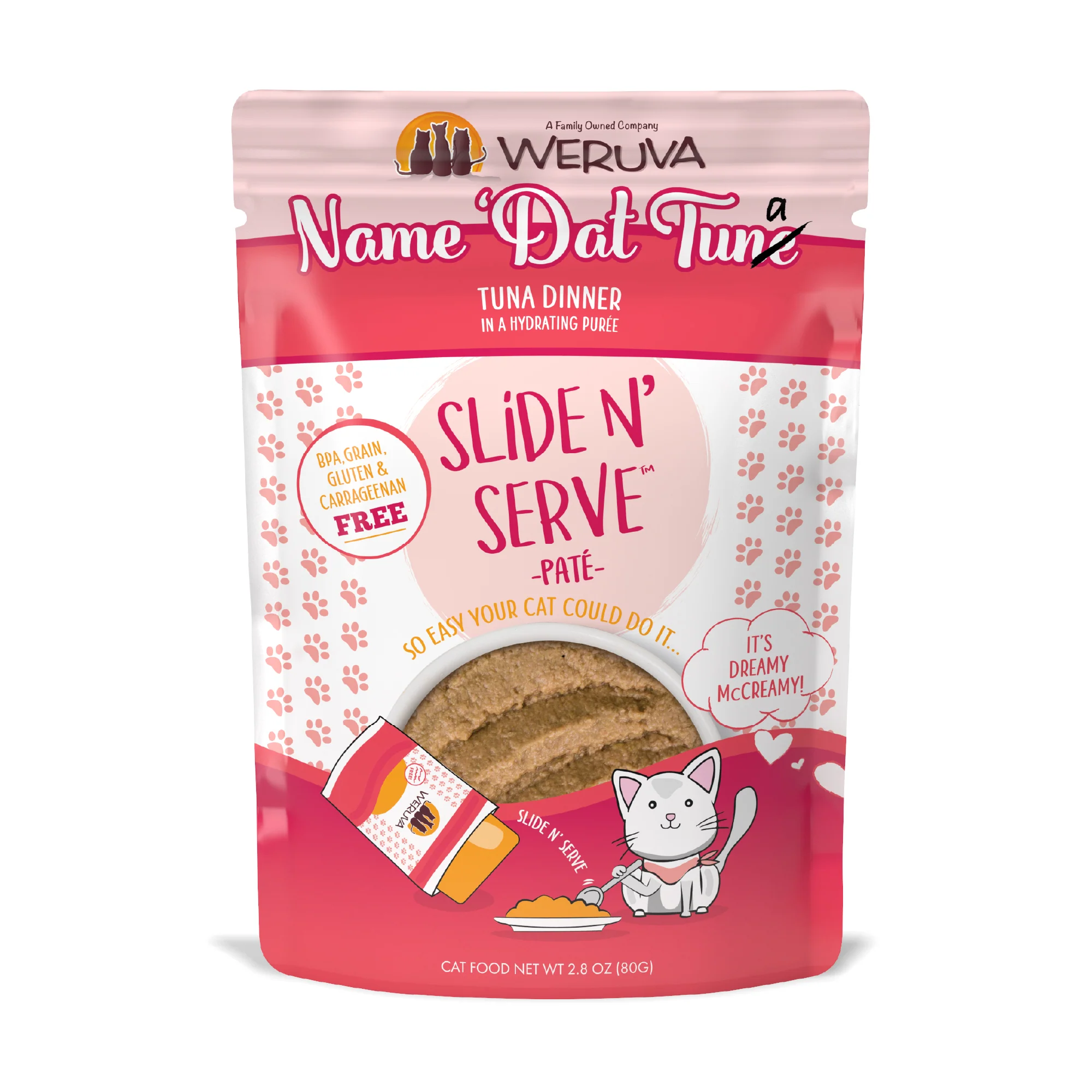 Weruva Pate 2.8oz Slide N Serve Pouch Cat food Name Dat Tuna - Image 1