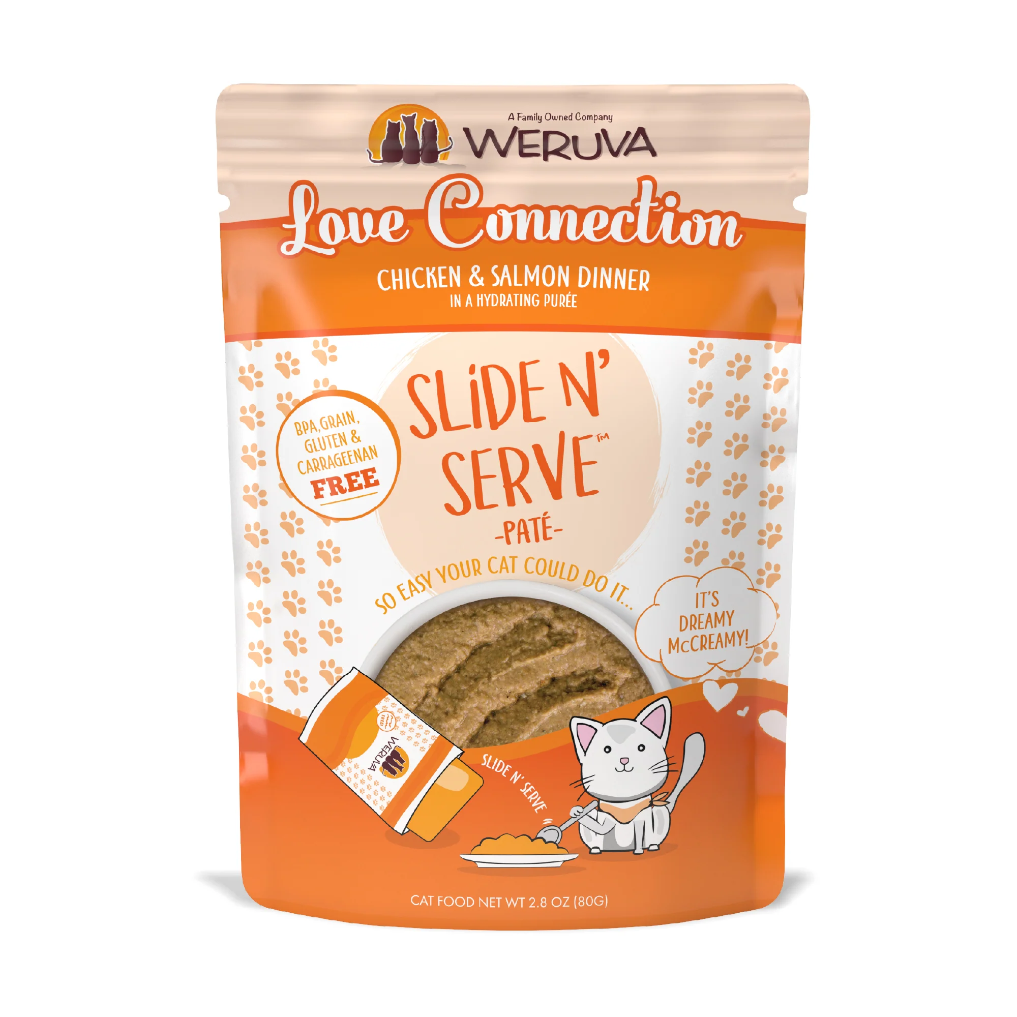 Weruva Pate 2.8oz Slide N Serve Pouch Cat food Love Connection Chicken & Salmon - Image 1