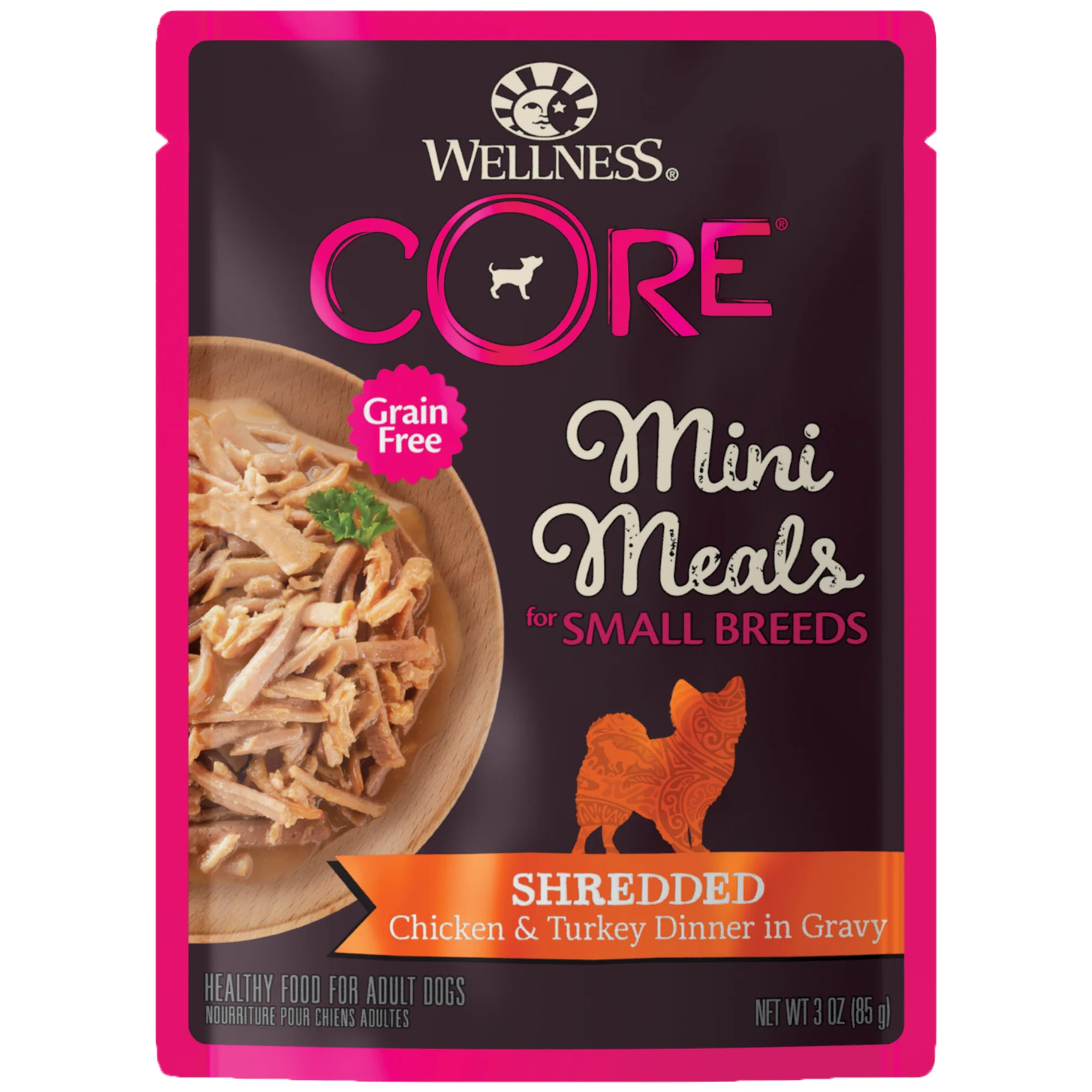 Wellness CORE Natural Grain Free Small Breed Mini Meals Wet Dog Food Shredded Chicken & Turkey Dinner in Gravy 3oz Pouch - Image 1