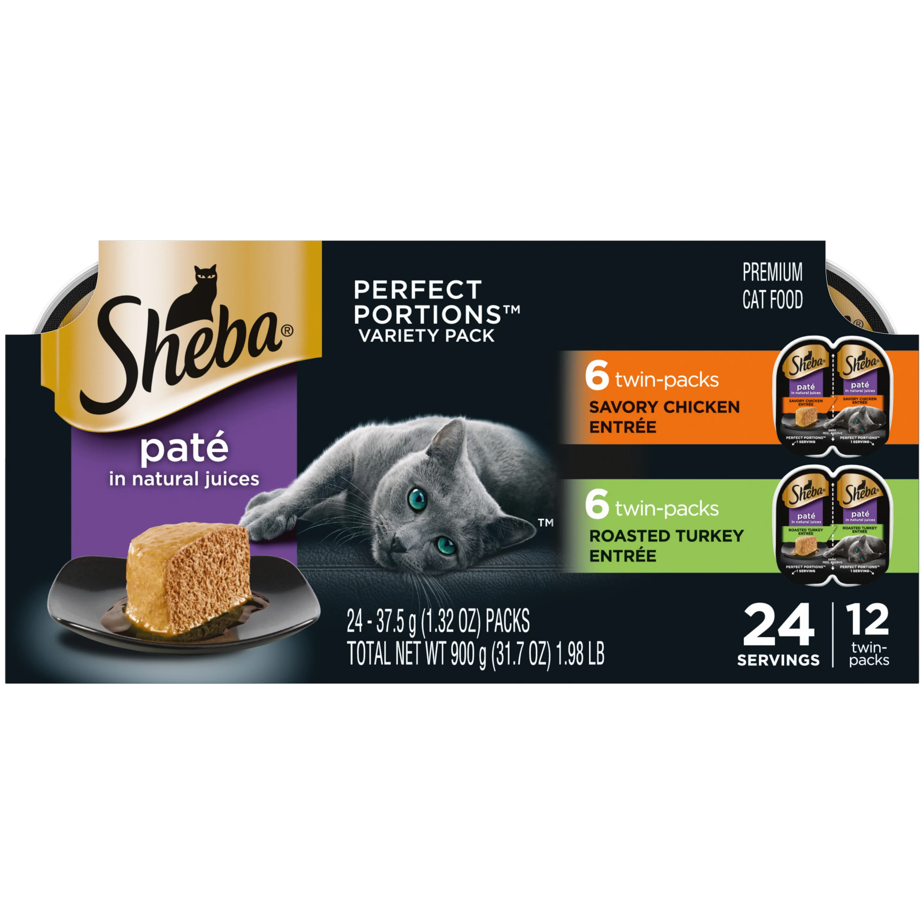 SHEBA Wet Cat Food Pate Variety Pack, Savory Chicken and Roasted Turkey Entrees 2.6 oz. Twin Pack Trays Variety 12pk - Image 1