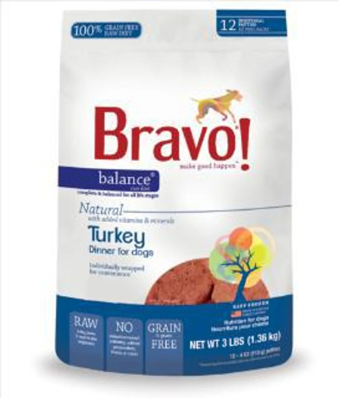 Bravo Balance Turkey Blend Frozen Dog Food, 4-Ounce Patties, Pack of 12 - Image 1