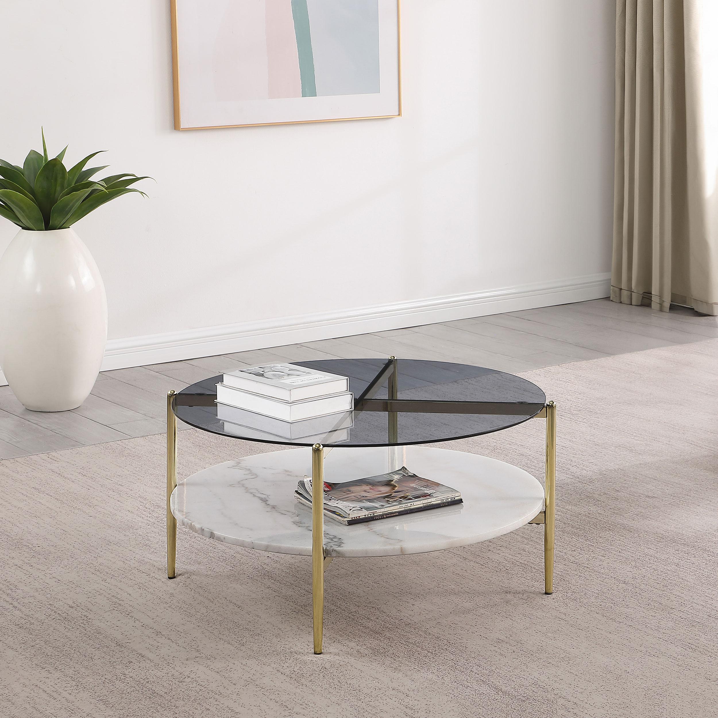 Coaster Furniture Jonelle 710338 Round Glass Top Coffee Table - White Marble Shelf Gold - Image 2
