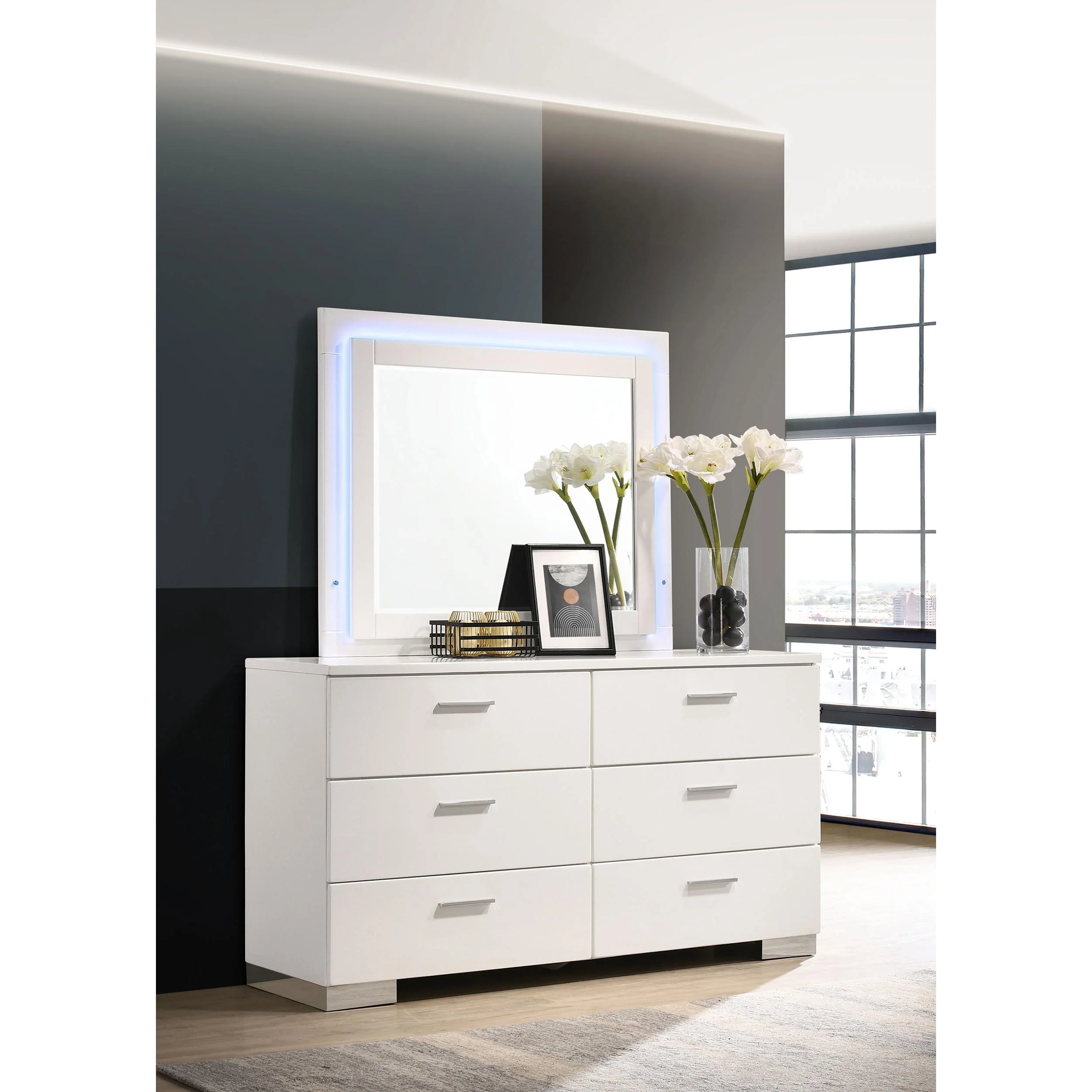 Coaster Furniture Felicity 203503ML 6-Drawer Dresser with LED Mirror - White High Gloss - Image 2