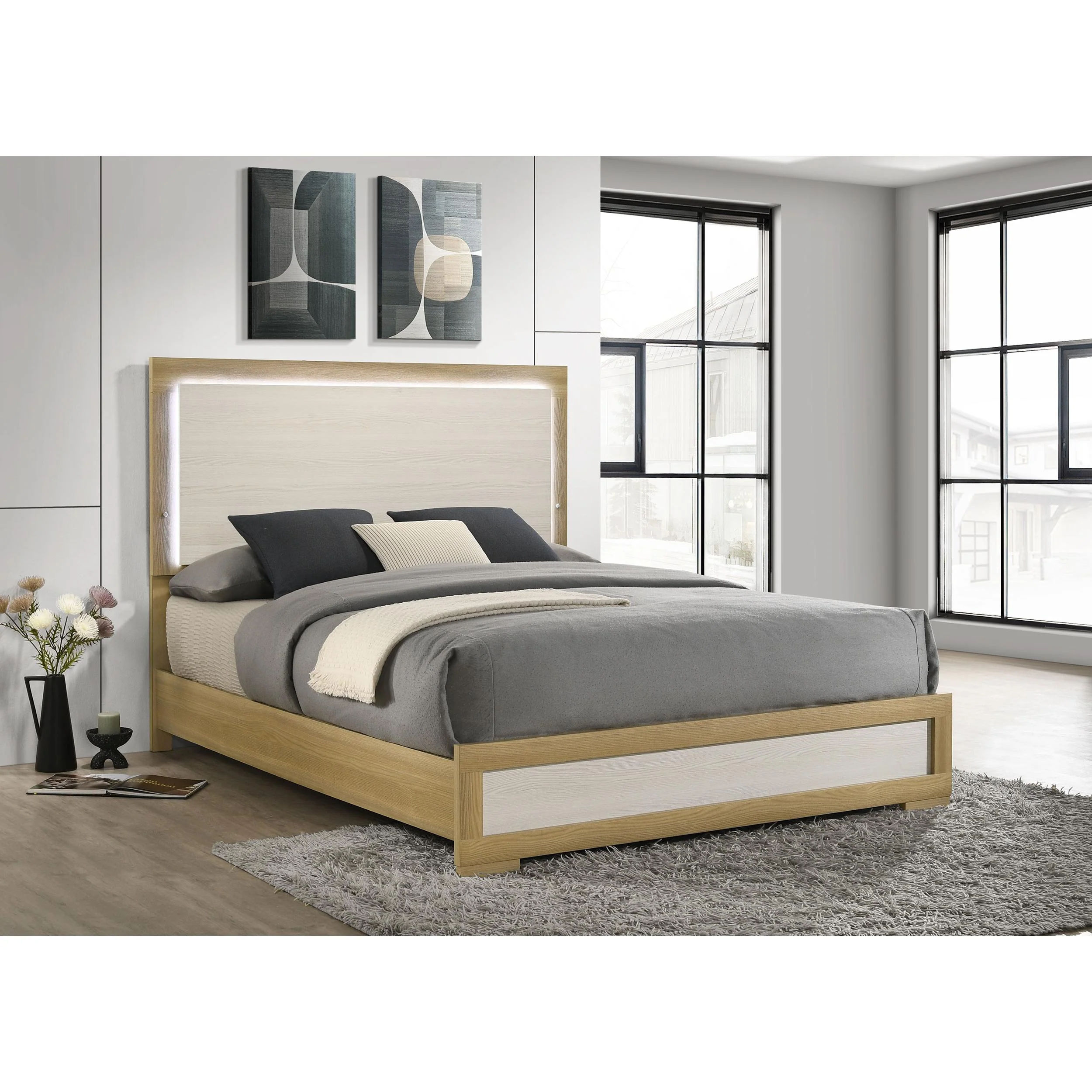 Coaster Furniture Hyland 215651Q Wood Queen LED Panel Bed - Natural and White - Image 2