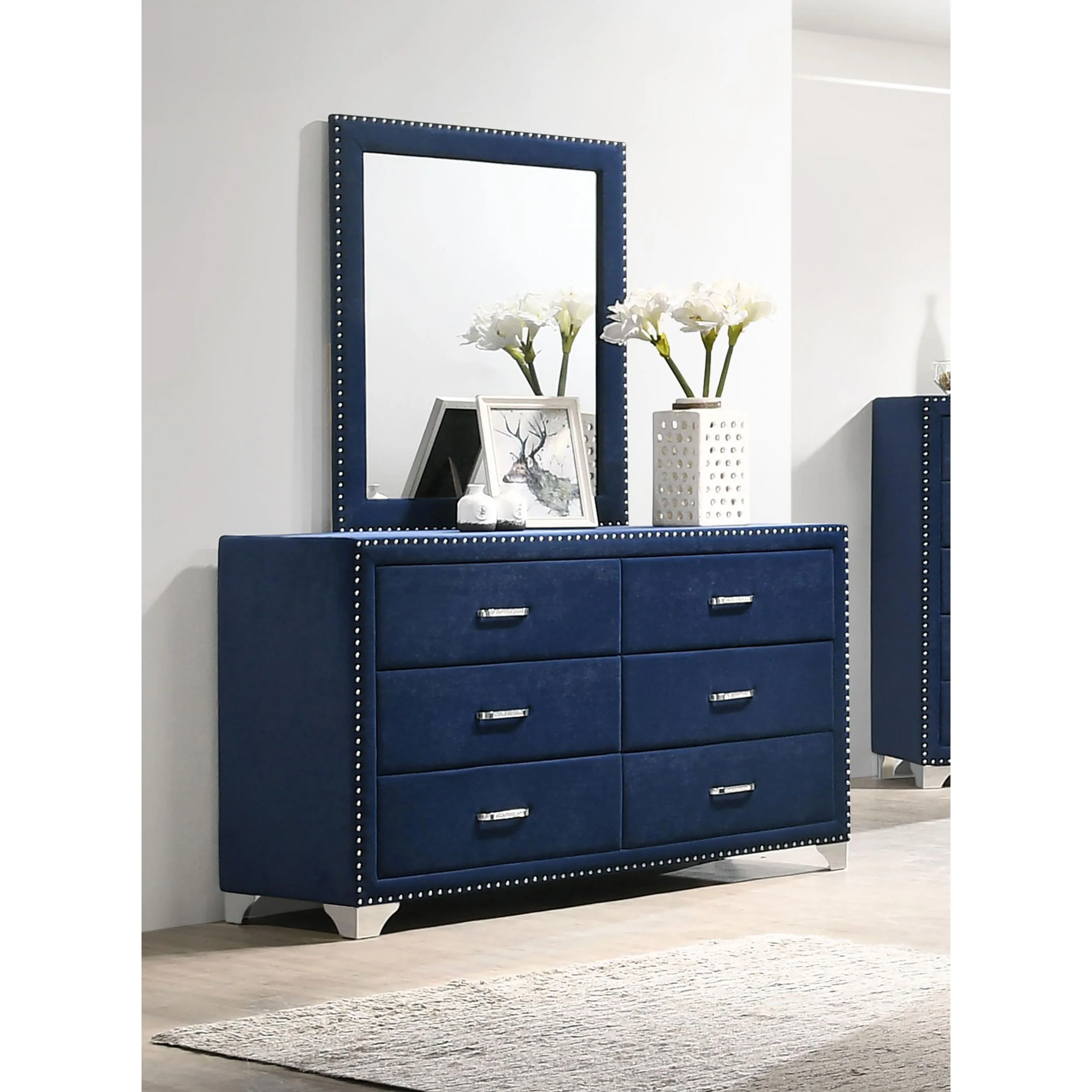 Coaster Furniture Melody 223373M 6-Drawer Upholstered Dresser with Mirror - Pacific Blue - Image 2