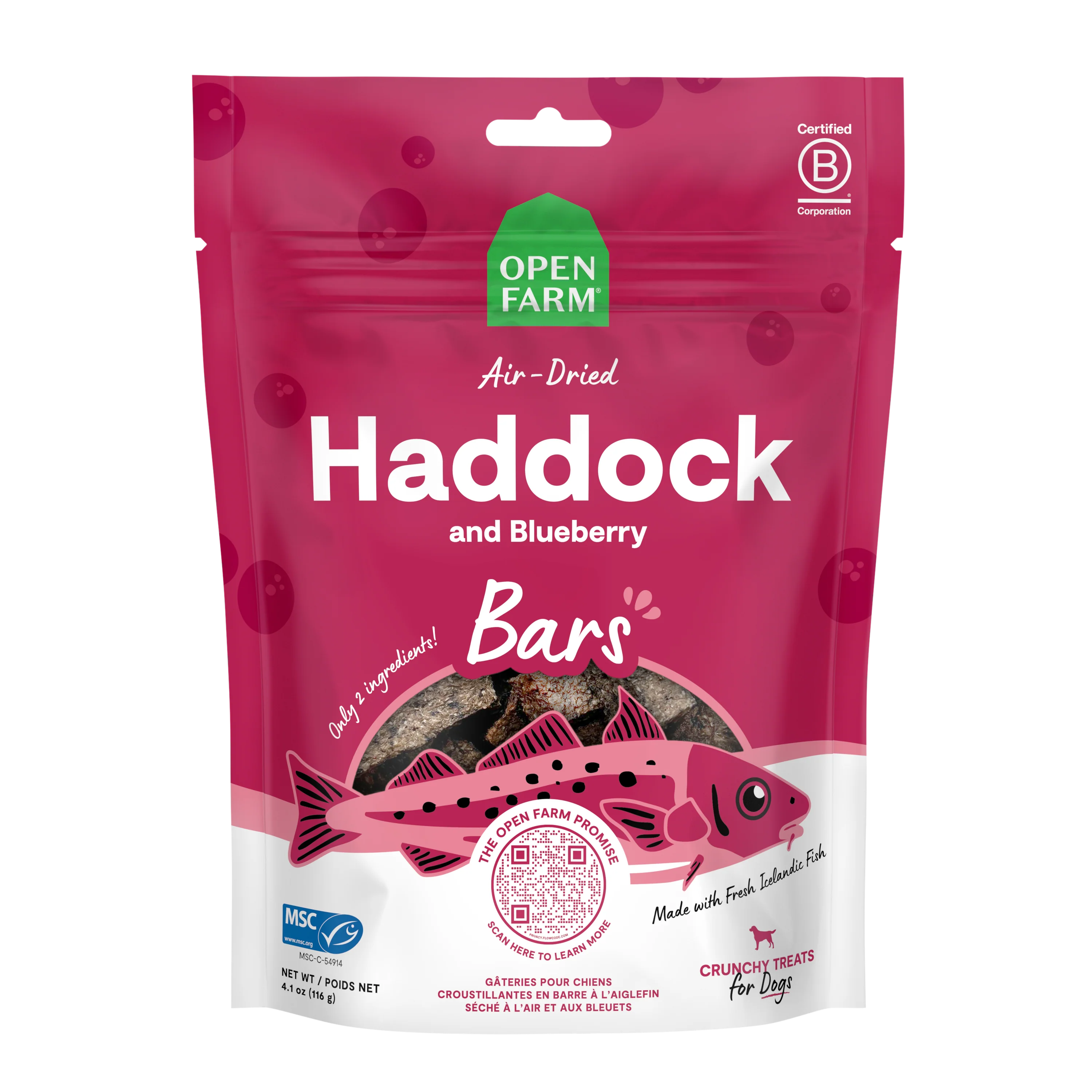 Open Farm Air Dried Haddock And Blueberry Crunchy Dog Treat Bars 4.1oz Bag