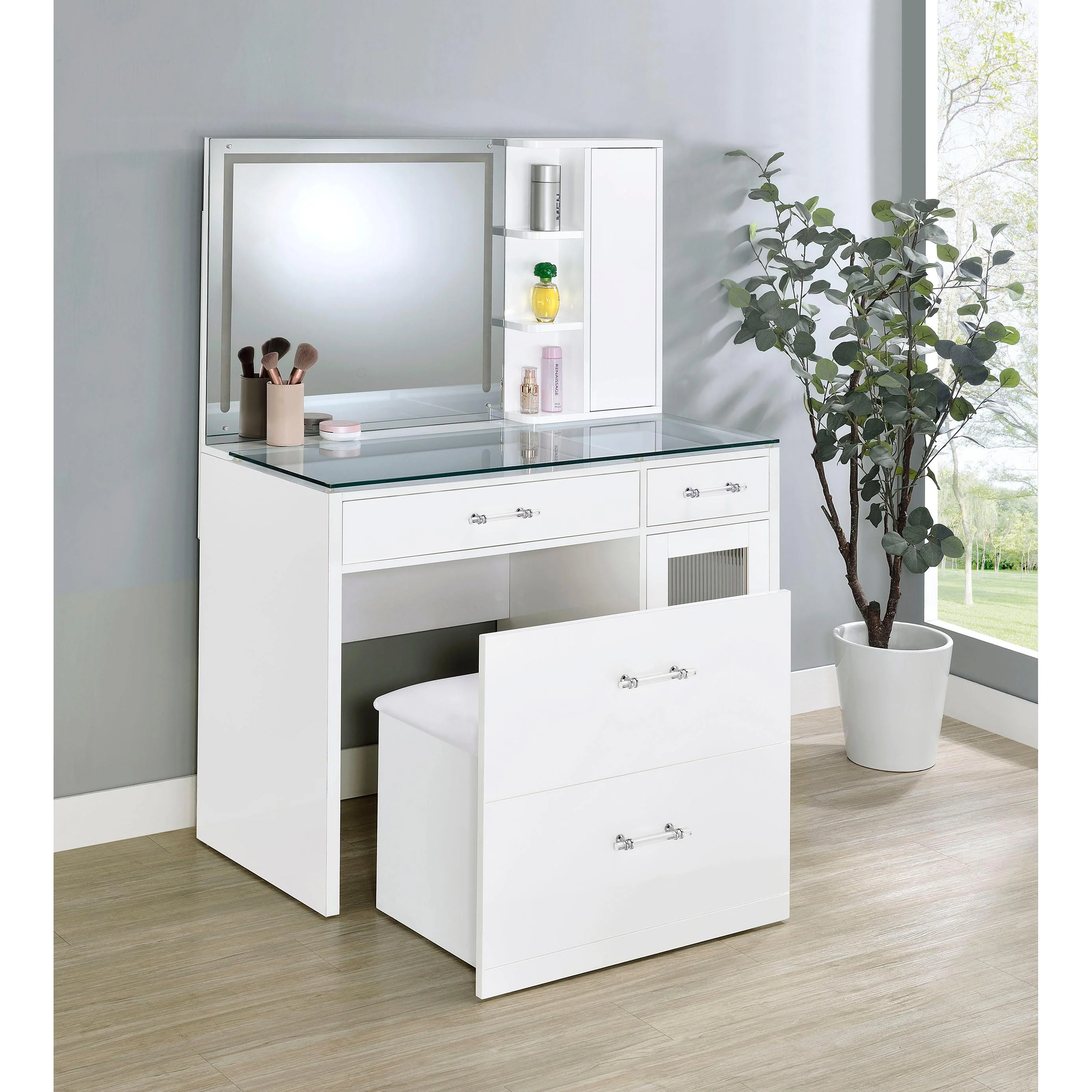 Coaster Furniture Flora 930218 2-drawer Vanity Set with LED Mirror - White High Gloss - Image 3