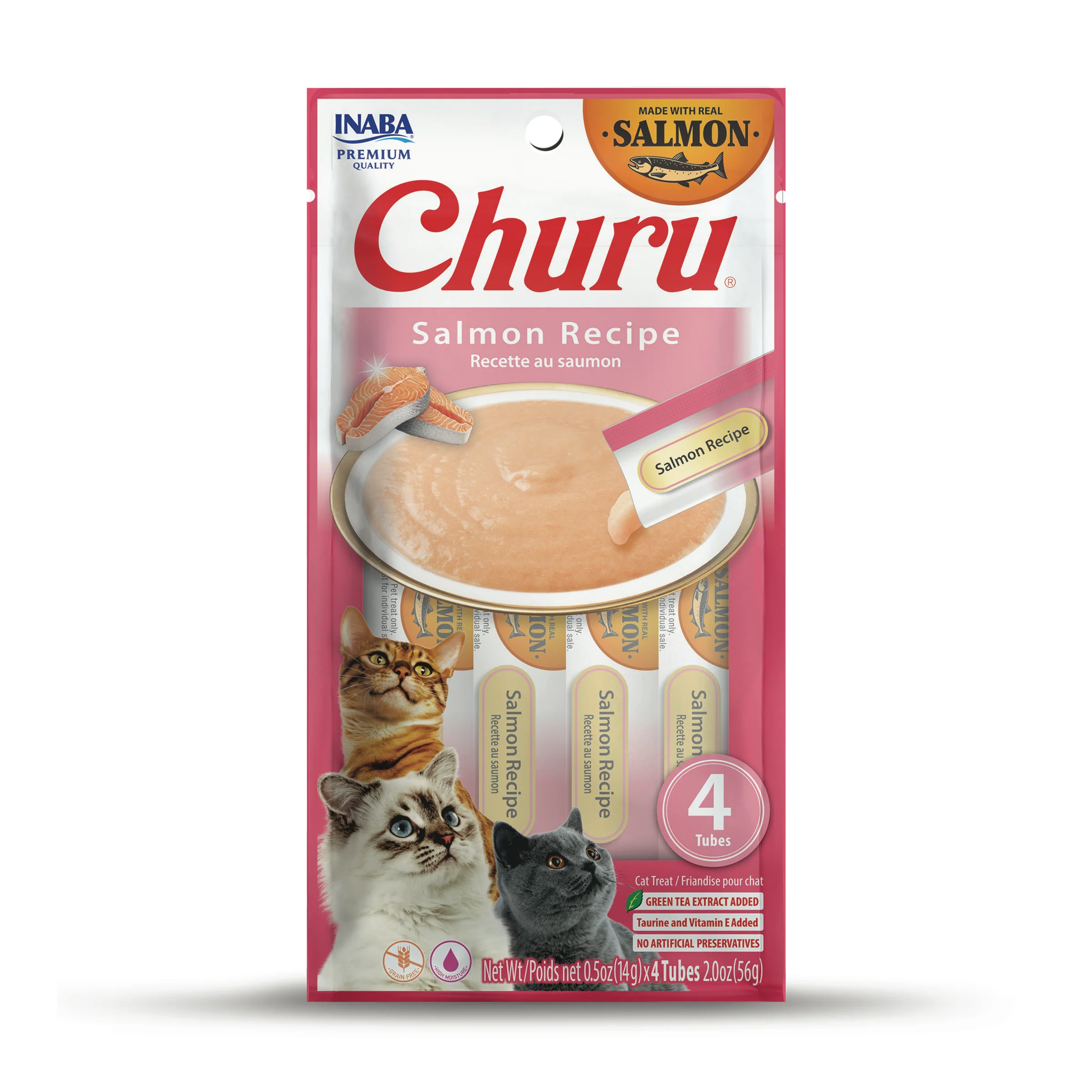 INABA Churu Cat Treats, Grain-Free, Lickable, Squeezable Creamy Purée Cat Treat with Vitamin E & Taurine, 0.5 Ounces Each Tube, 4 Tubes, Salmon Recipe - Image 1