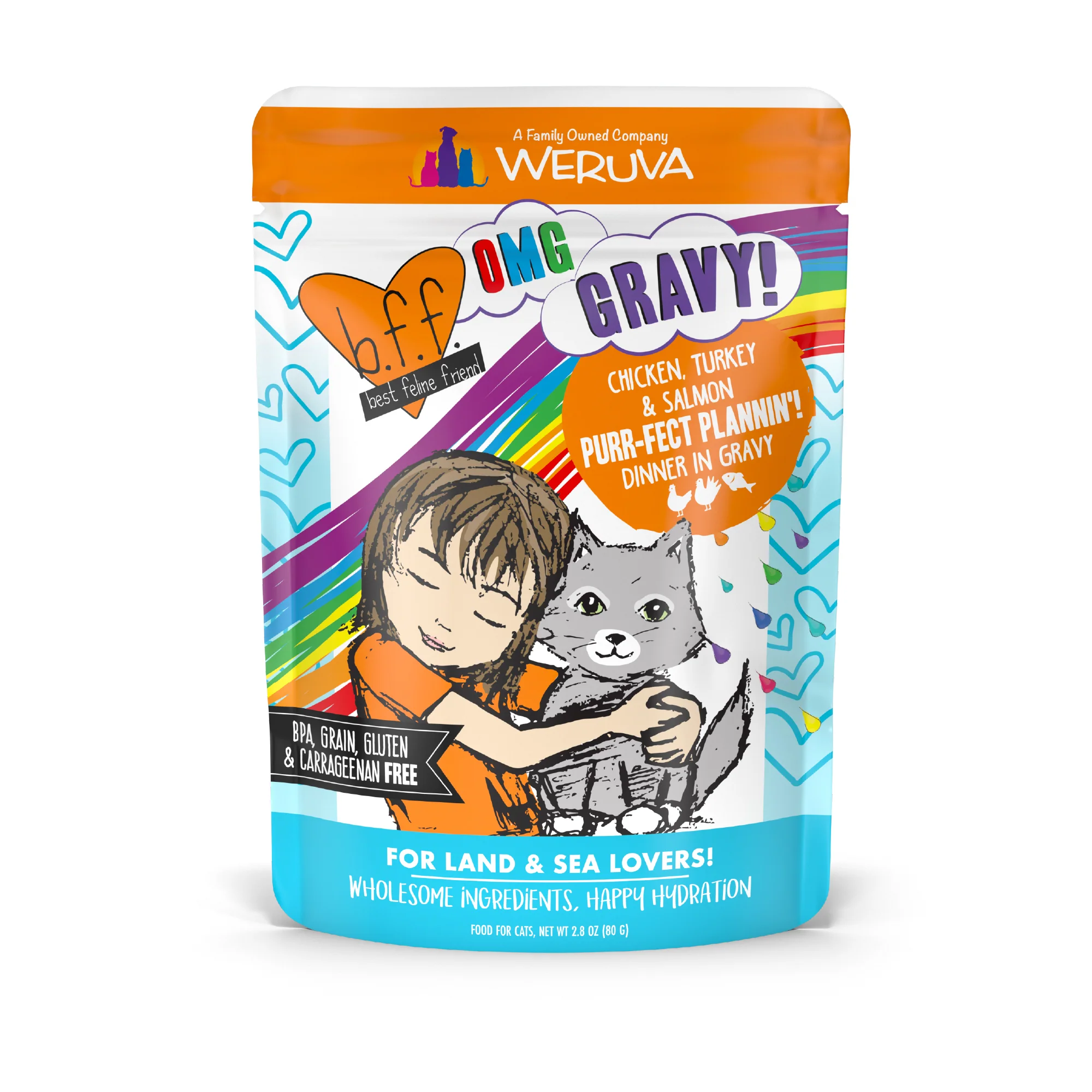 Weruva B.F.F. Oh My Gravy 2.8oz Pouch Cat food Purrfect Plannin Chicken Turkey Salmon - Image 1