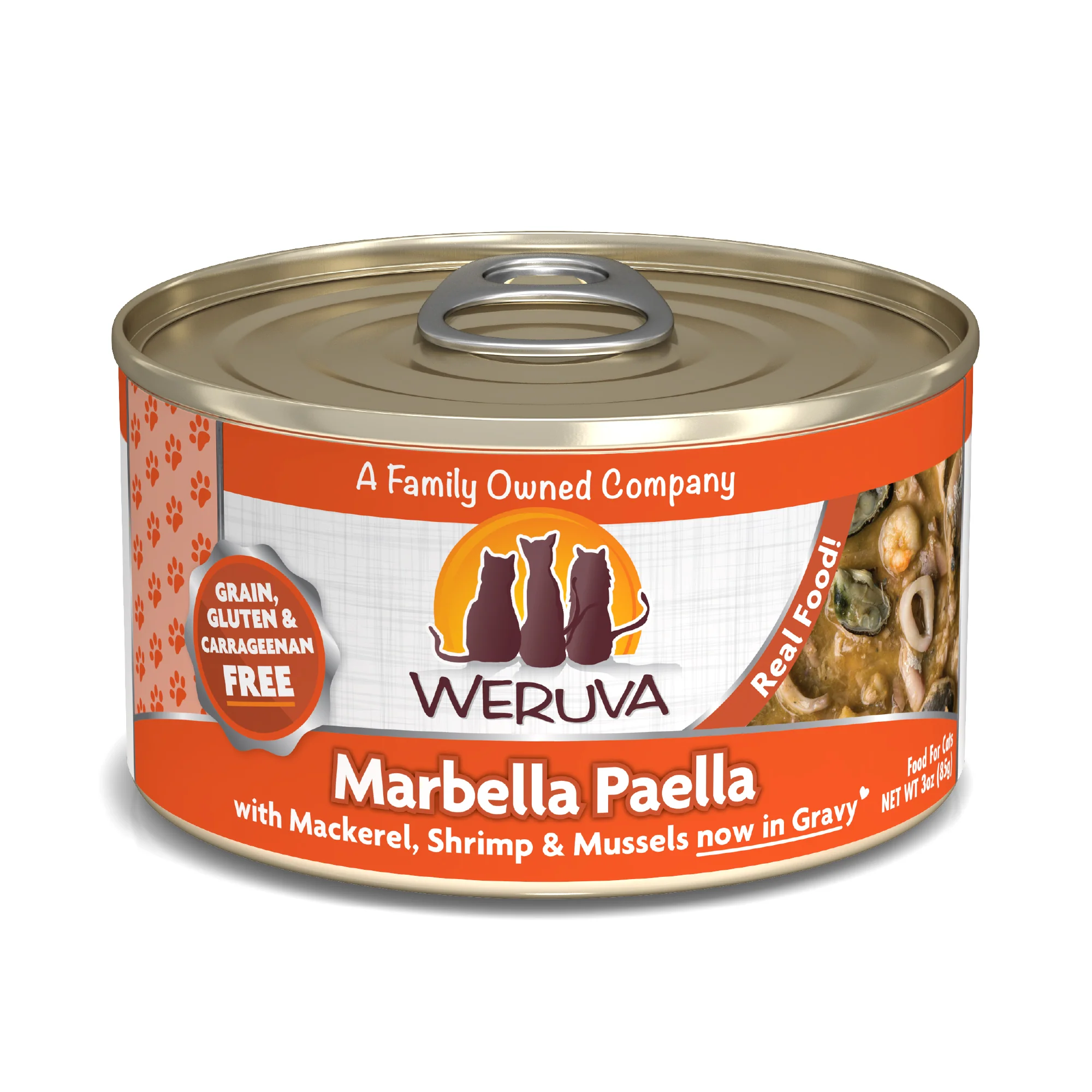 Weruva Classics 3oz Canned Cat food Marbella Paella with Mackerel, Shrimp & Mussels in Gravy Wet Cat Food - Image 1