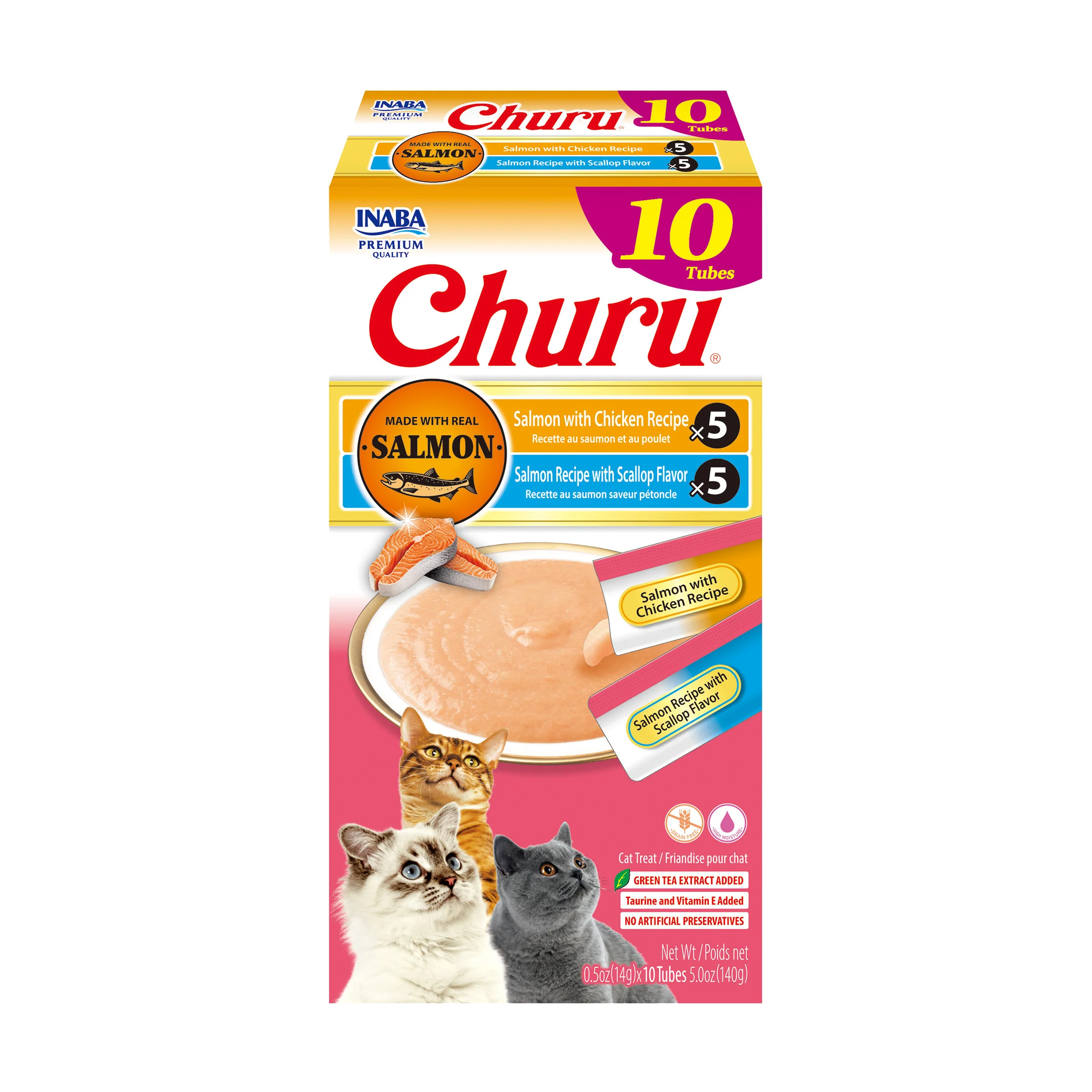 INABA Churu Cat Treats, Grain-Free, Lickable, Squeezable Creamy Purée Cat Treat with Vitamin E & Taurine, 0.5 Ounces Each Tube, 10 Tubes, Scallop & Chicken Variety - Image 1