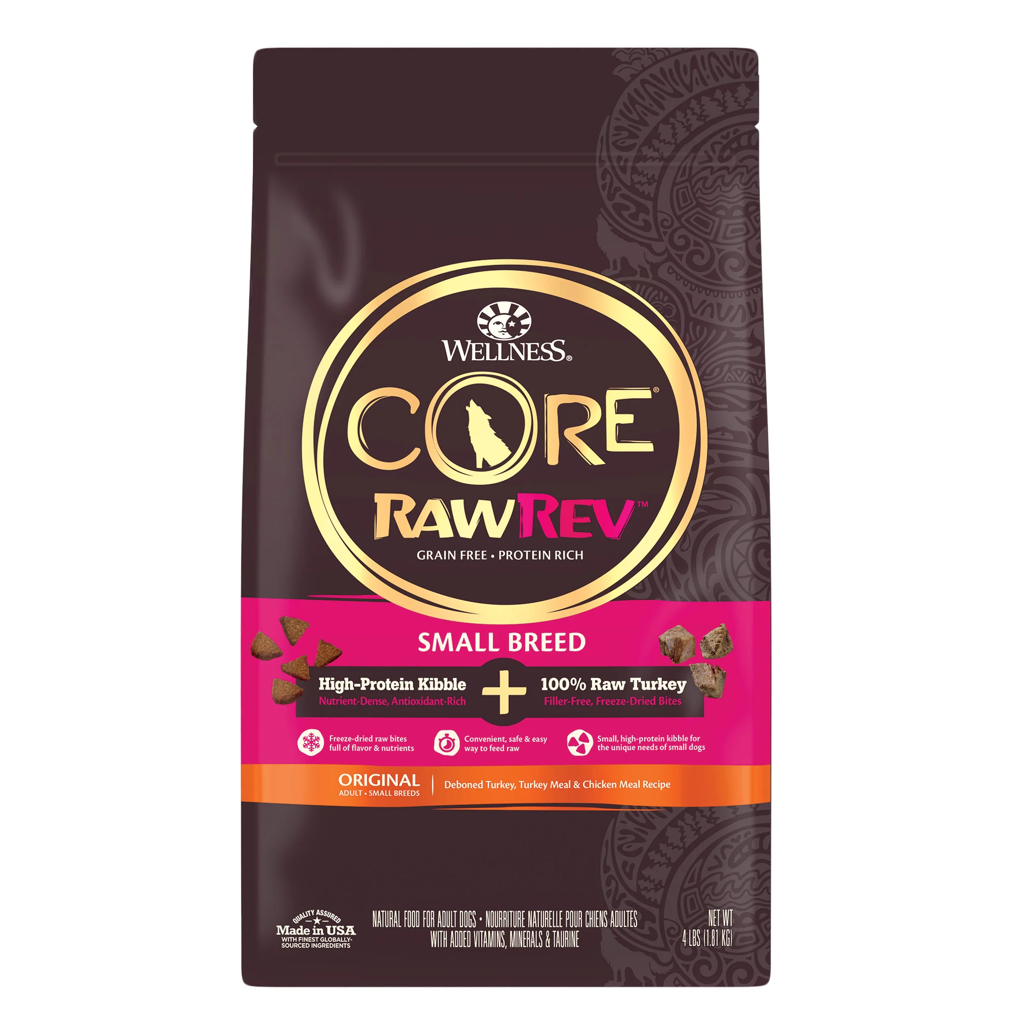 Wellness CORE RawRev Natural Grain Free Small Breed Dry Dog Food Original Turkey & Chicken with Freeze Dried Turkey 4lb Bag - Image 1