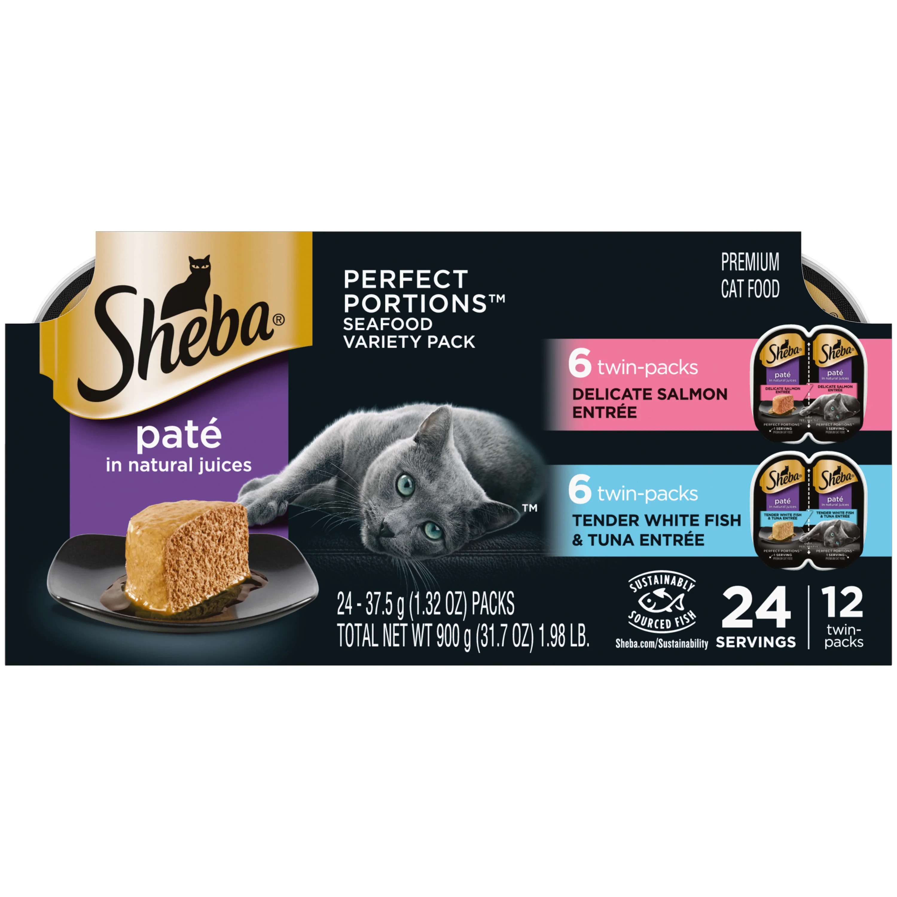 Sheba Wet Cat Food Pate Variety Pack, Salmon, Whitefish & Tuna Entrees, 2.6oz 12pk - Image 1