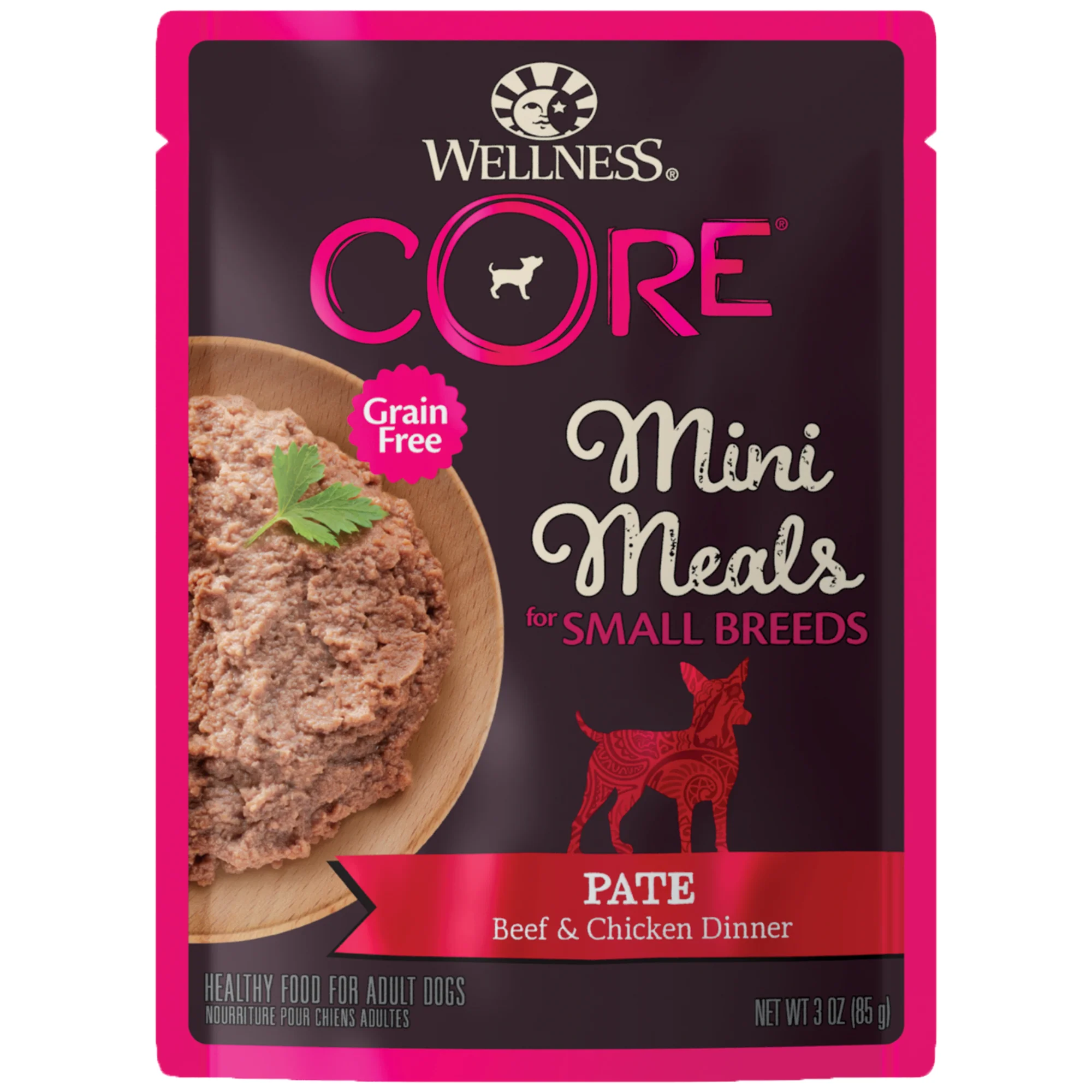Wellness CORE Natural Grain Free Small Breed Mini Meals Wet Dog Food Paté Beef & Chicken Dinner 3oz Pouch - Image 1