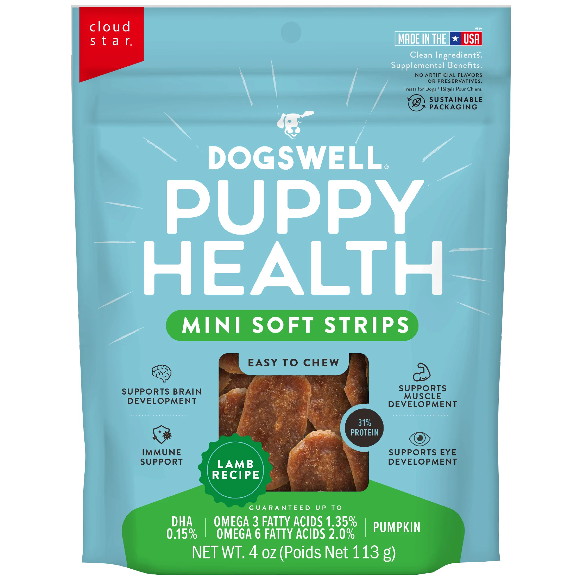 Dogswell Lifestage Puppy Treats Mini Soft Strips Lamb, 4 oz. Bag - Image 1