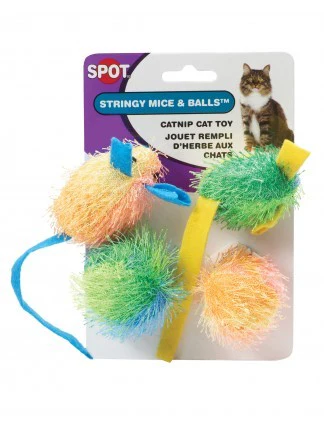 Spot Ethical Pet Cat Toy Stringy Mice & Ball With Catnip 4Pk - Image 1