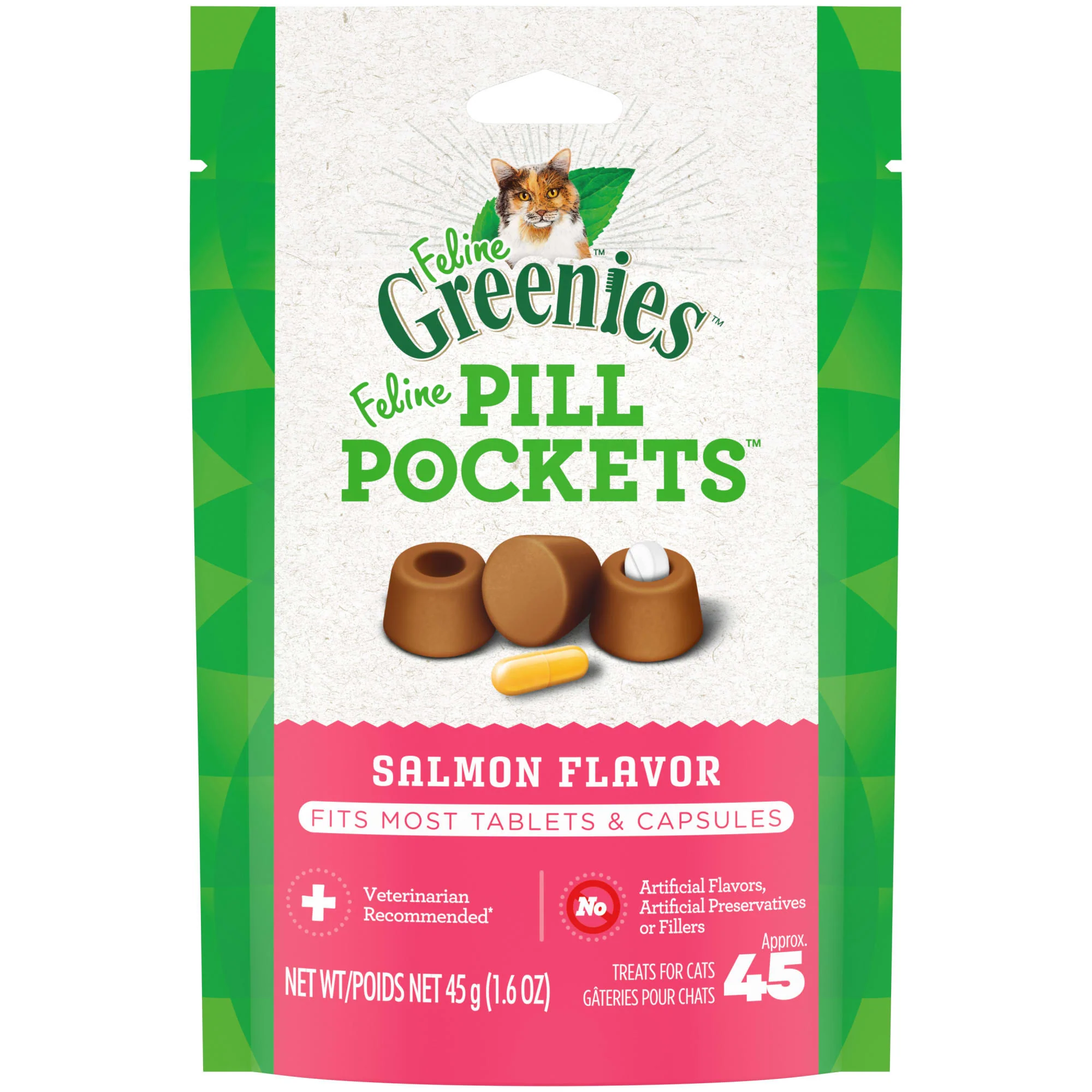 FELINE GREENIES PILL POCKETS for Cats Natural Soft Cat Treats  Salmon Flavor  1.6 oz. Pack (45 Treats) - Image 1
