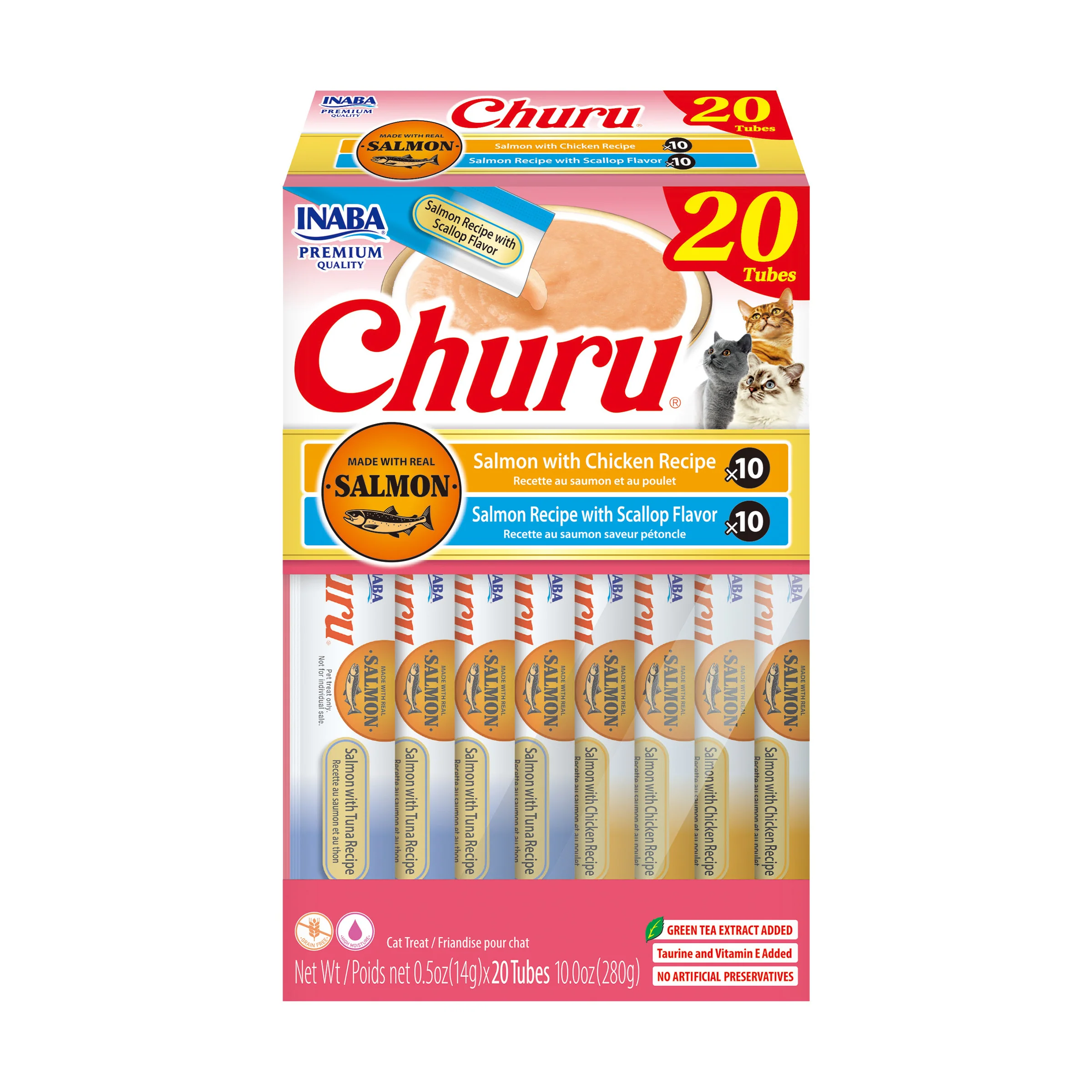 INABA Churu Cat Treats, Grain-Free, Lickable, Squeezable Creamy Purée Cat Treat with Vitamin E & Taurine, 0.5 Ounces Each Tube, 20 Tubes, Scallop & Chicken Variety Box - Image 1
