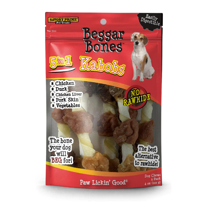 Savory Prime 7.8 in. Beggar Bones 5-in-1 Kabobs Grain Free Treat for Dogs - Pack of 6 - Image 1