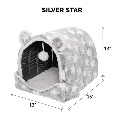 Fur Haven Fleece Snuggle Hideout Pet Bed - Fleece & Faux Fur 13x13in Grey Stars - Image 1