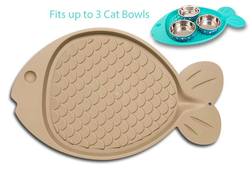 Loving Pets Bella Spill Proof Cat Mat Fish Shaped Tan - Image 1