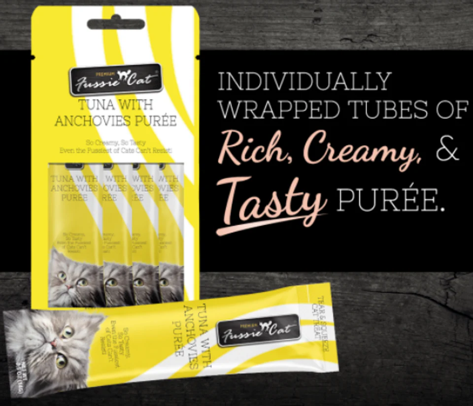 Fussie Cat Tuna and Anchovies Puree Cat Treat .5oz 4pk - Image 1