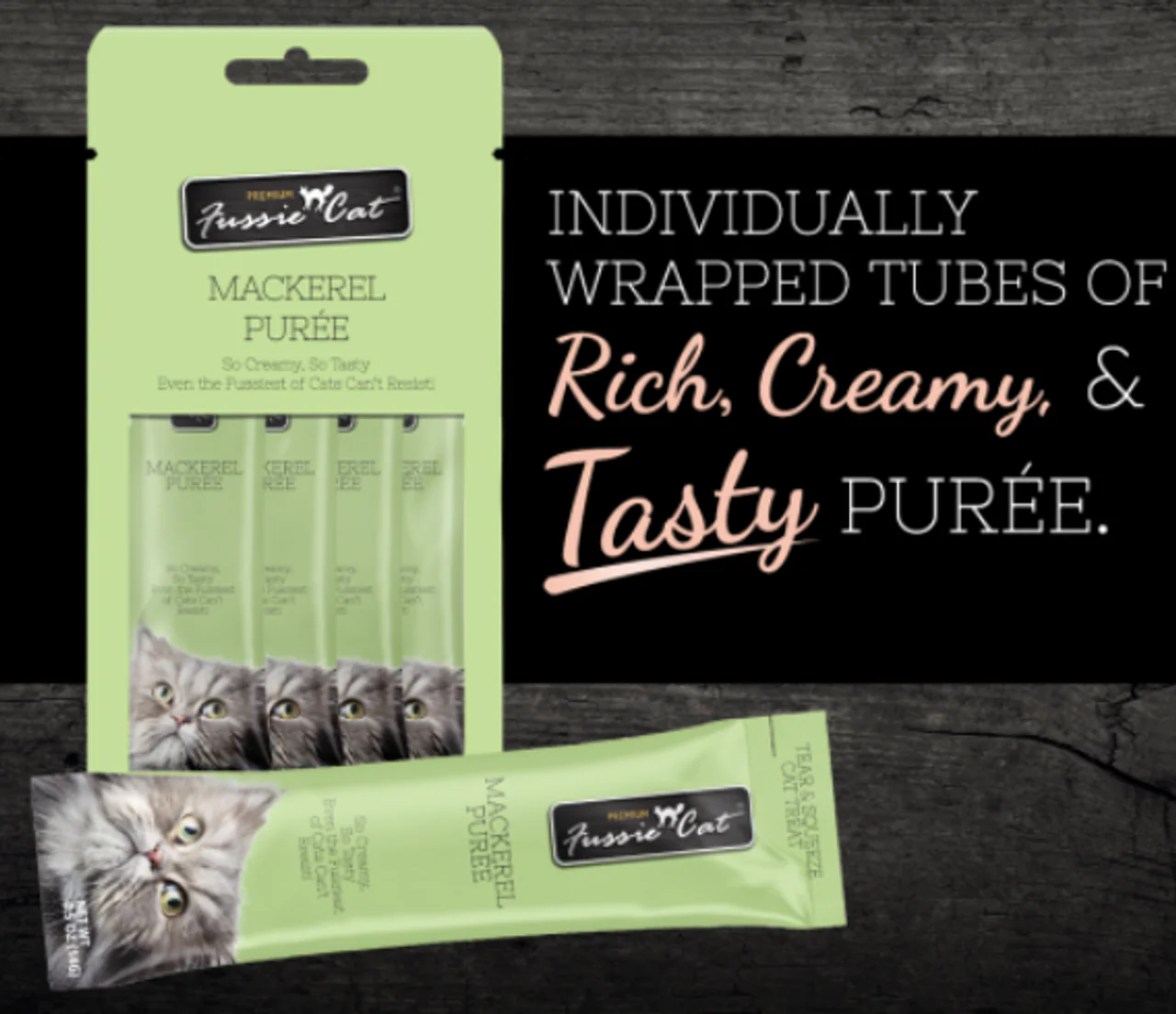 Fussie Cat Mackerel Puree Cat Treat .5oz 4pk - Image 1