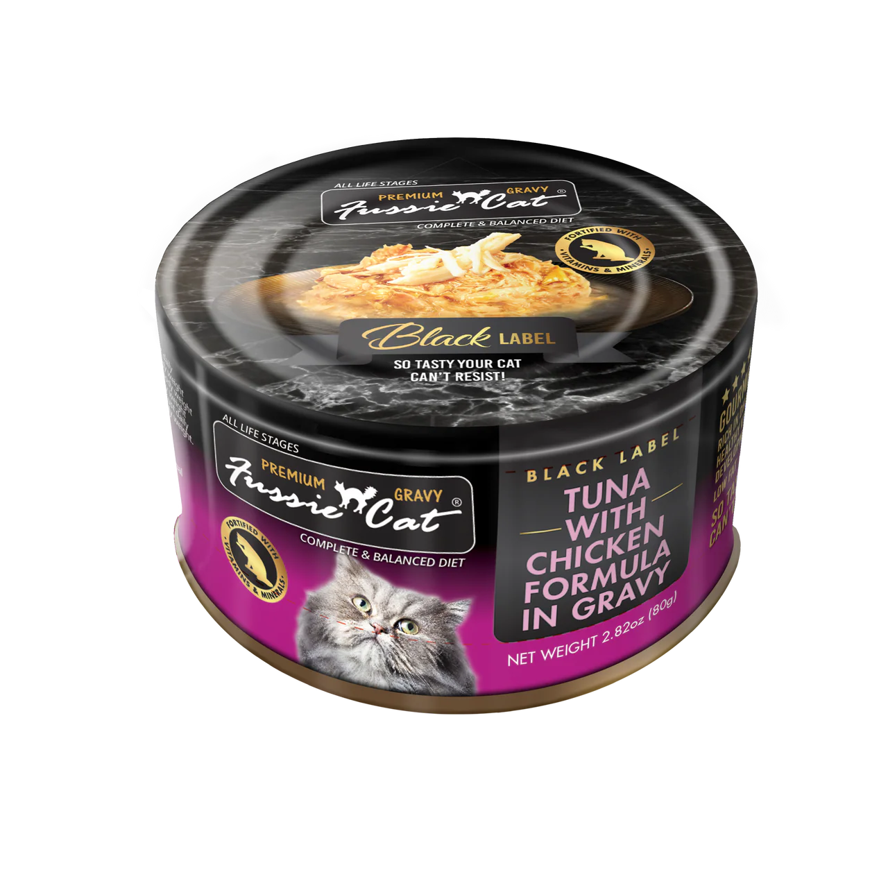 Fussie Cat Premium Black Label Tuna w/Chicken in Gravy 2.82oz can - Image 1