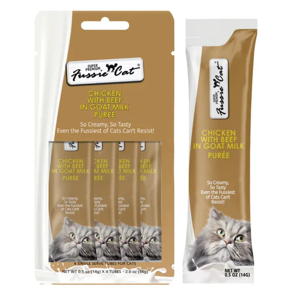 Fussie Cat Chicken with Beef in Goat Milk Puree Lickable Cat Treats .5oz 4pk - Image 1