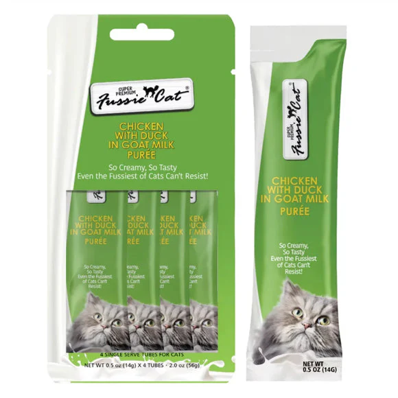 Fussie Cat Chicken with Duck in Goat Milk Puree Lickable Cat Treats .5oz 4pk - Image 1
