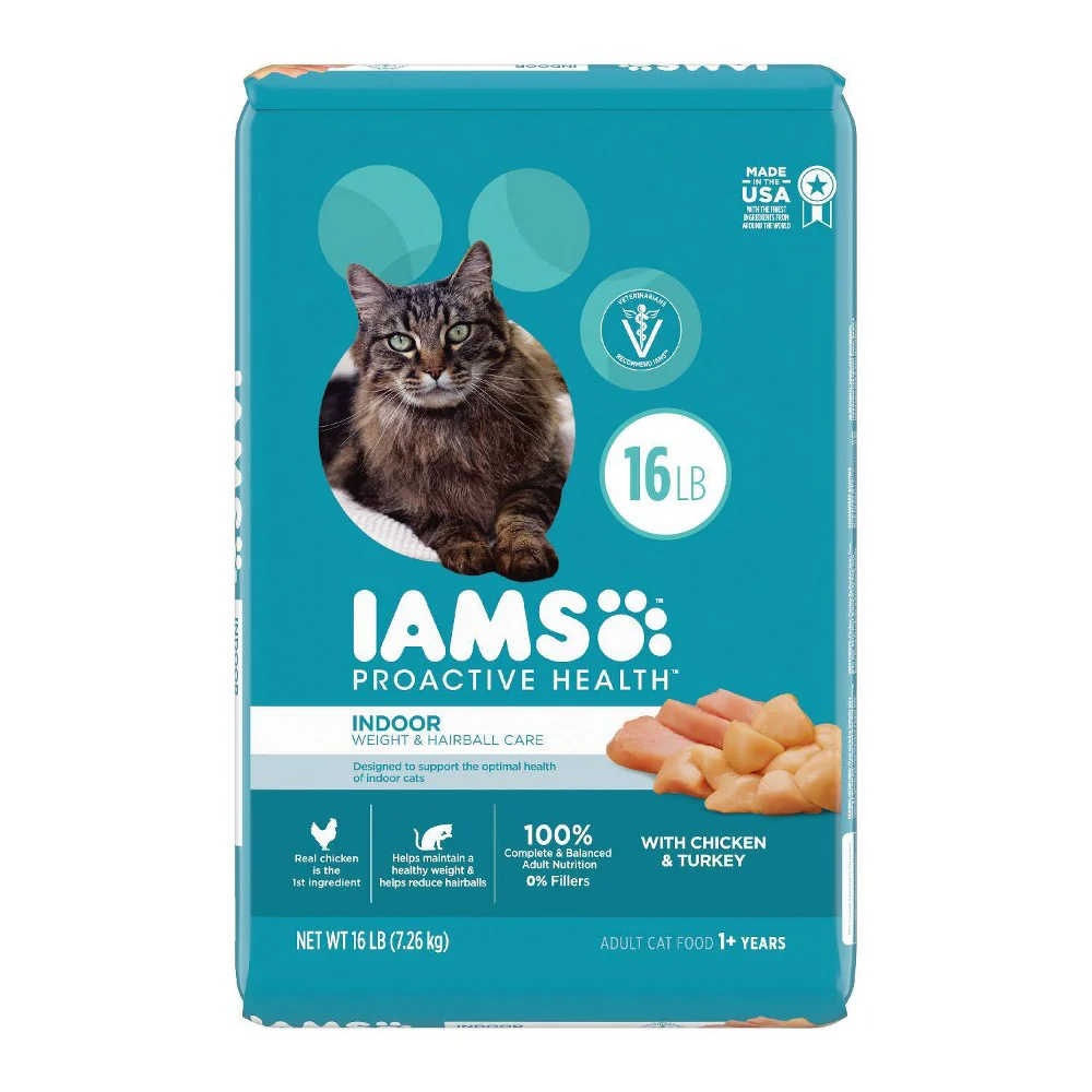 IAMS PROACTIVE HEALTH Adult Indoor Weight & Hairball Care Dry Cat Food with Chicken & Turkey  16 lb. Bag - Image 1